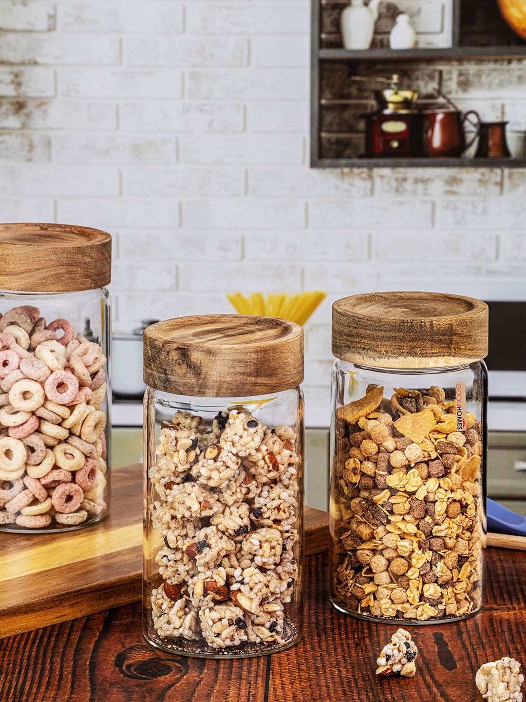 GOODHOMES Transparent & Beige 3 Pieces Glass Storage Jar Set With Wooden Lid