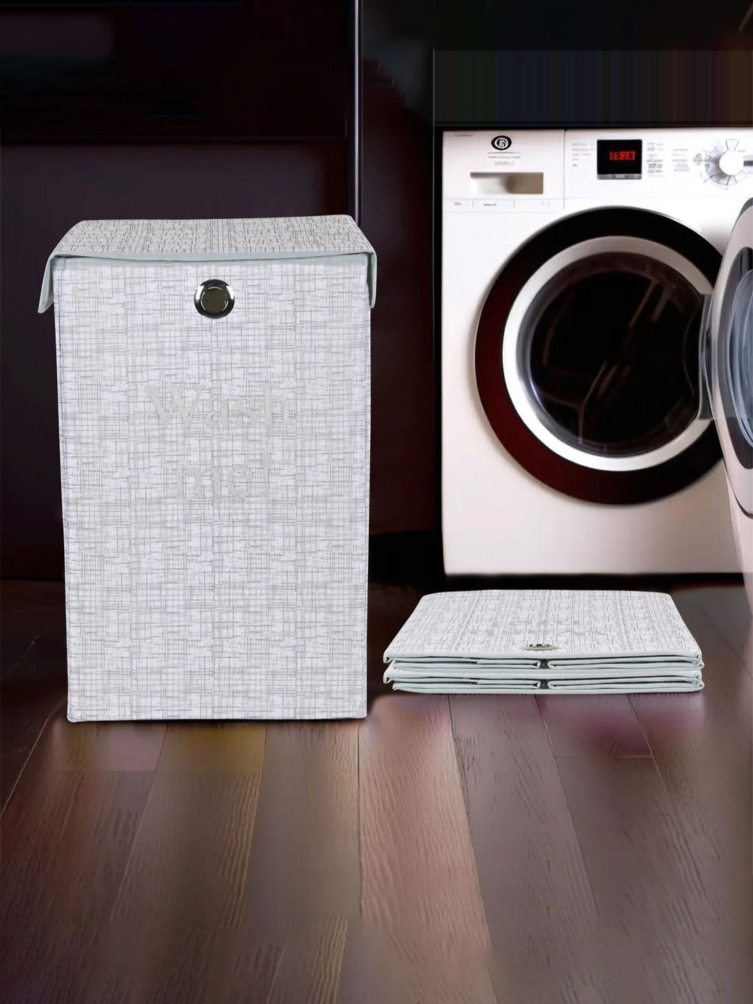 Aura 3Pcs Grey Jute Printed Foldable Laundry Bags With Lid & Ring- 75 L Each