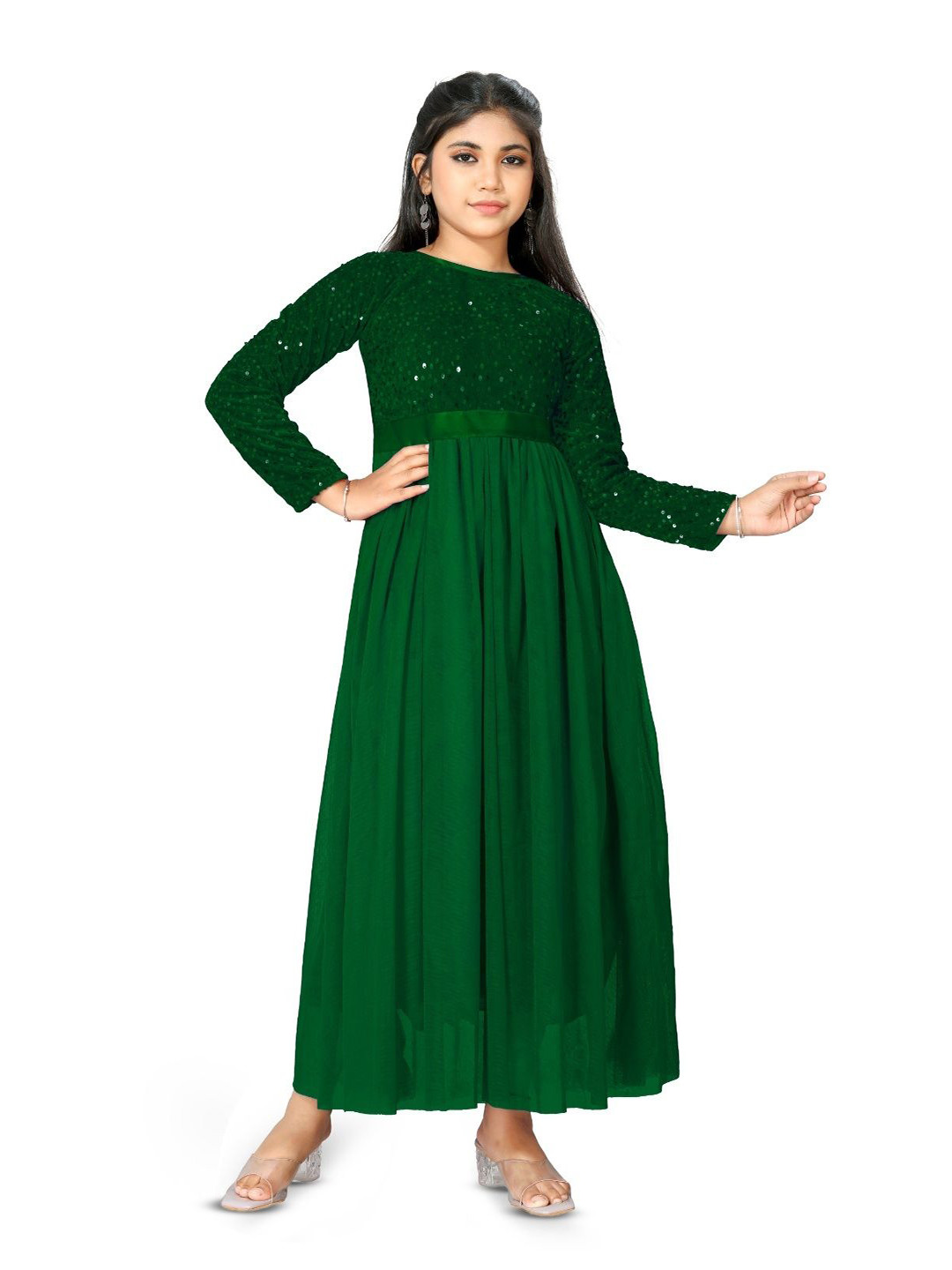 DP FABRICS Girls Embellished Sequined Net Fit & Flare Maxi Dress