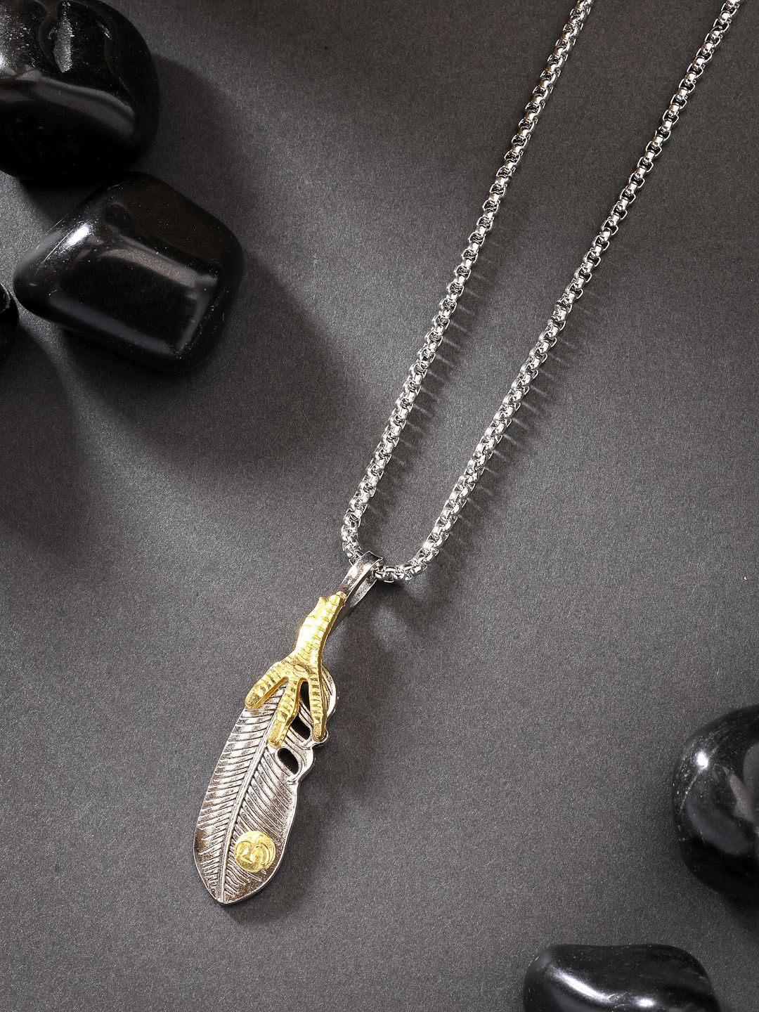 Roadster Men Stainless Steel Silver-Plated Feather Shaped Pendant with Chain