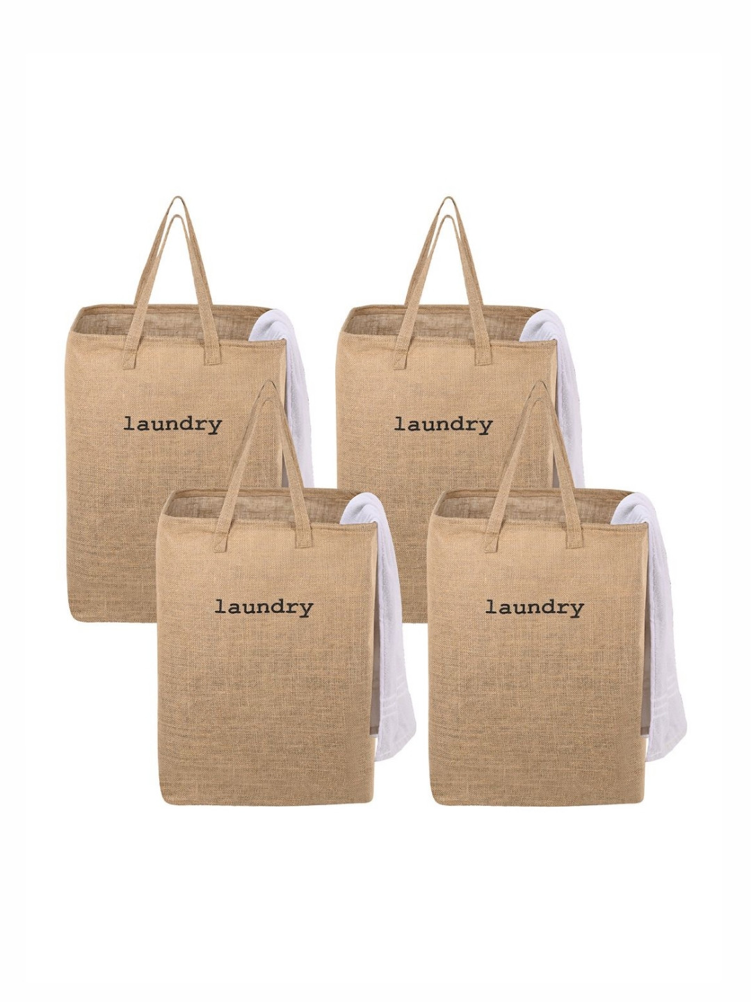 Aura 4Pcs Brown & Black Printed Jute Foldable Laundry Bags With Handles - 75 L Each