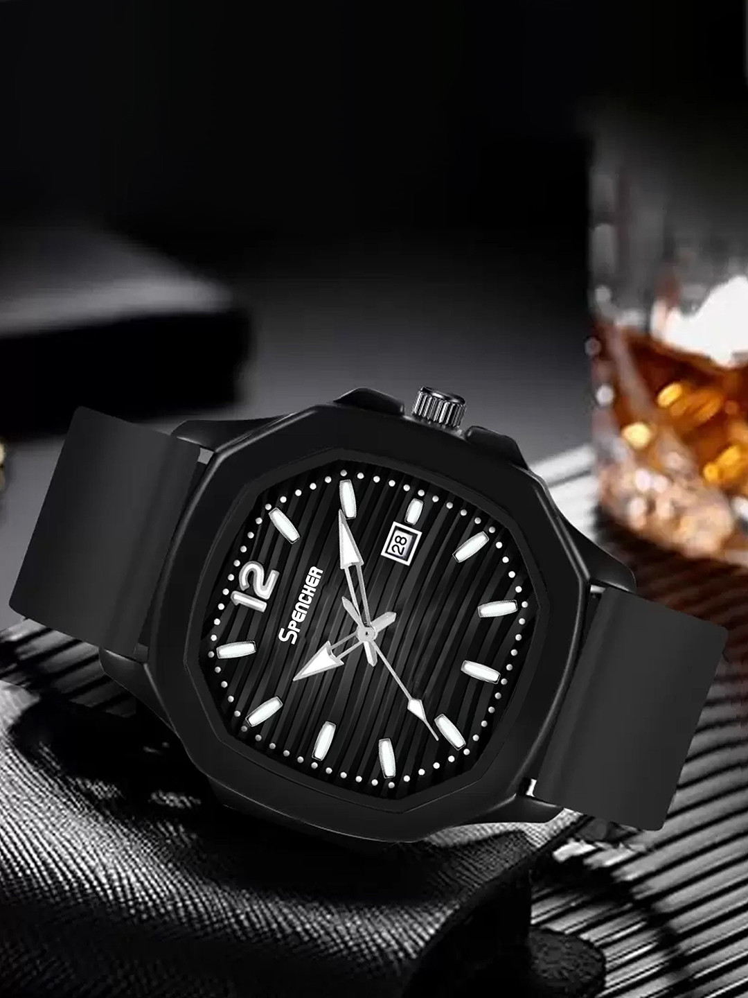 SPENCHER Men Regular Straps Analogue Multi Function Watch Vintage Black Square Case