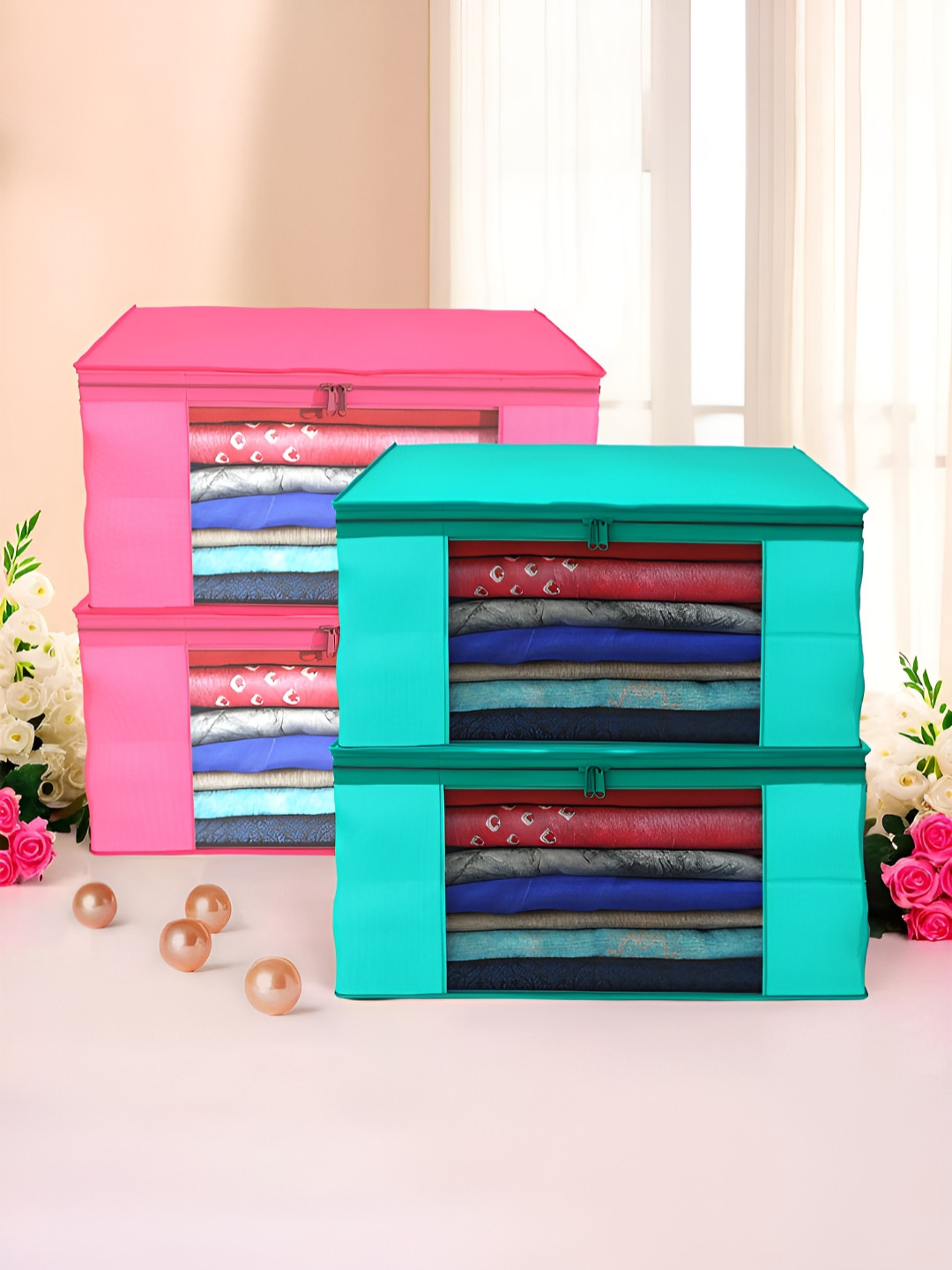 Aura Green & Pink 4 Pieces Foldable Saree Cover Organisers