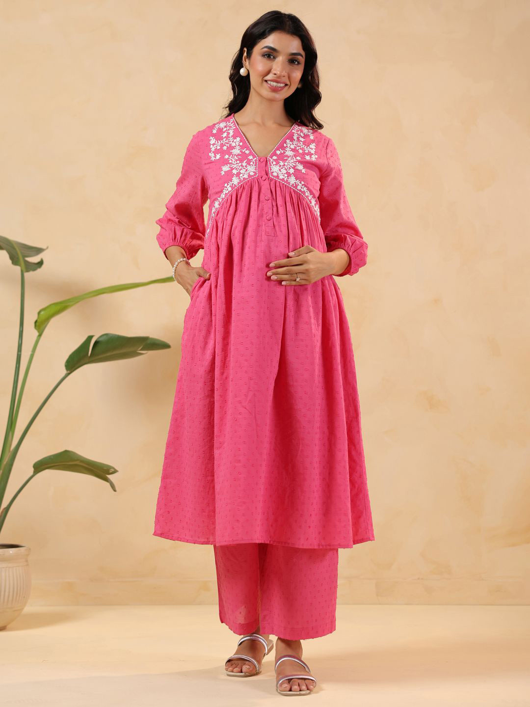 Janasya Women Pink Dobby Pure Cotton Yoke Embroidery A-line Maternity Kurta Pant Set