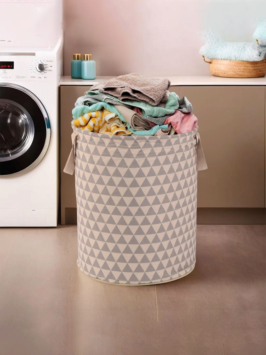 Aura Grey & Brown Triangle Printed Cotton Foldable Laundry Bag - 60 L