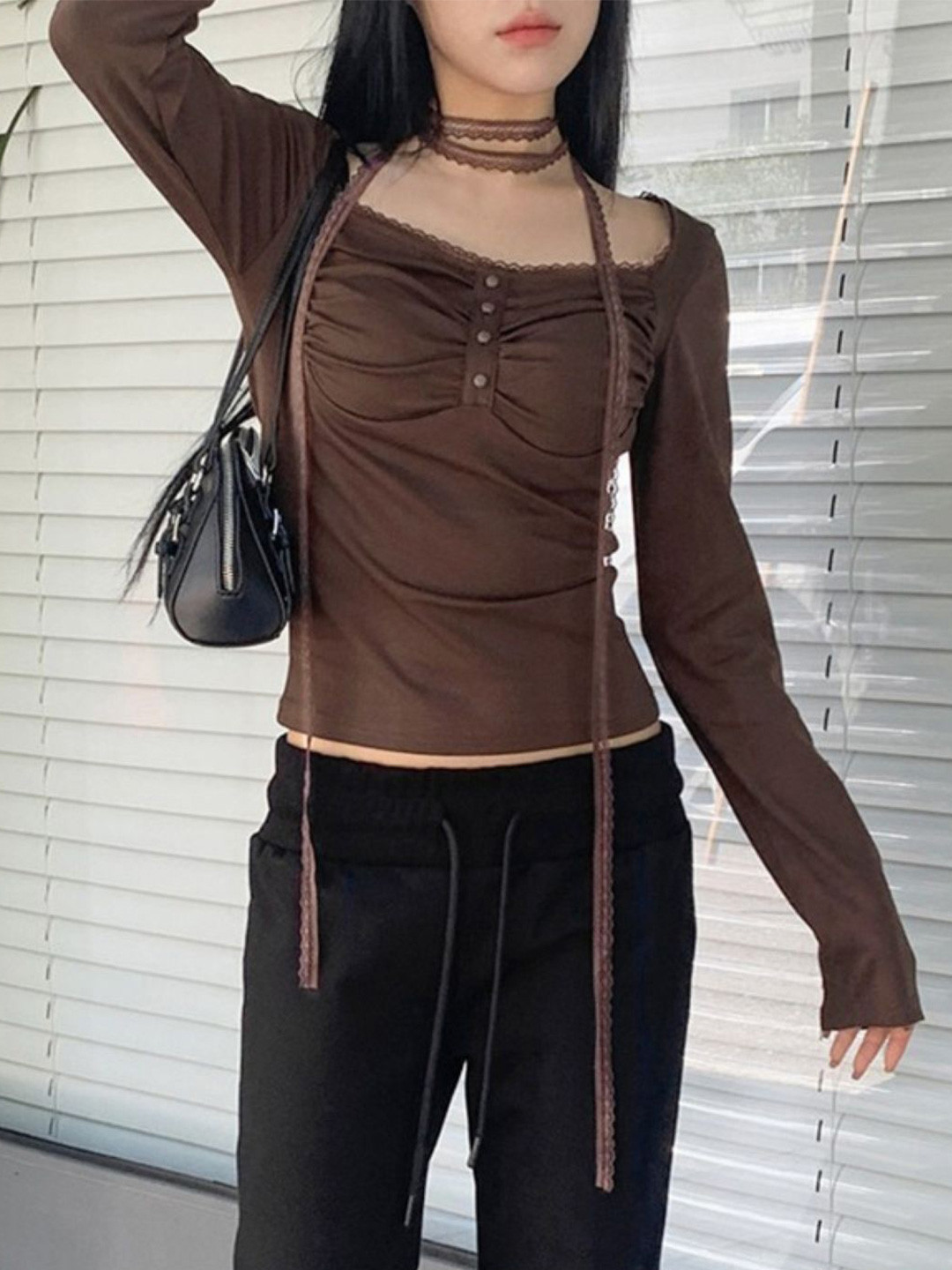 Brown Square Neck Regular Top with Long Sleeves