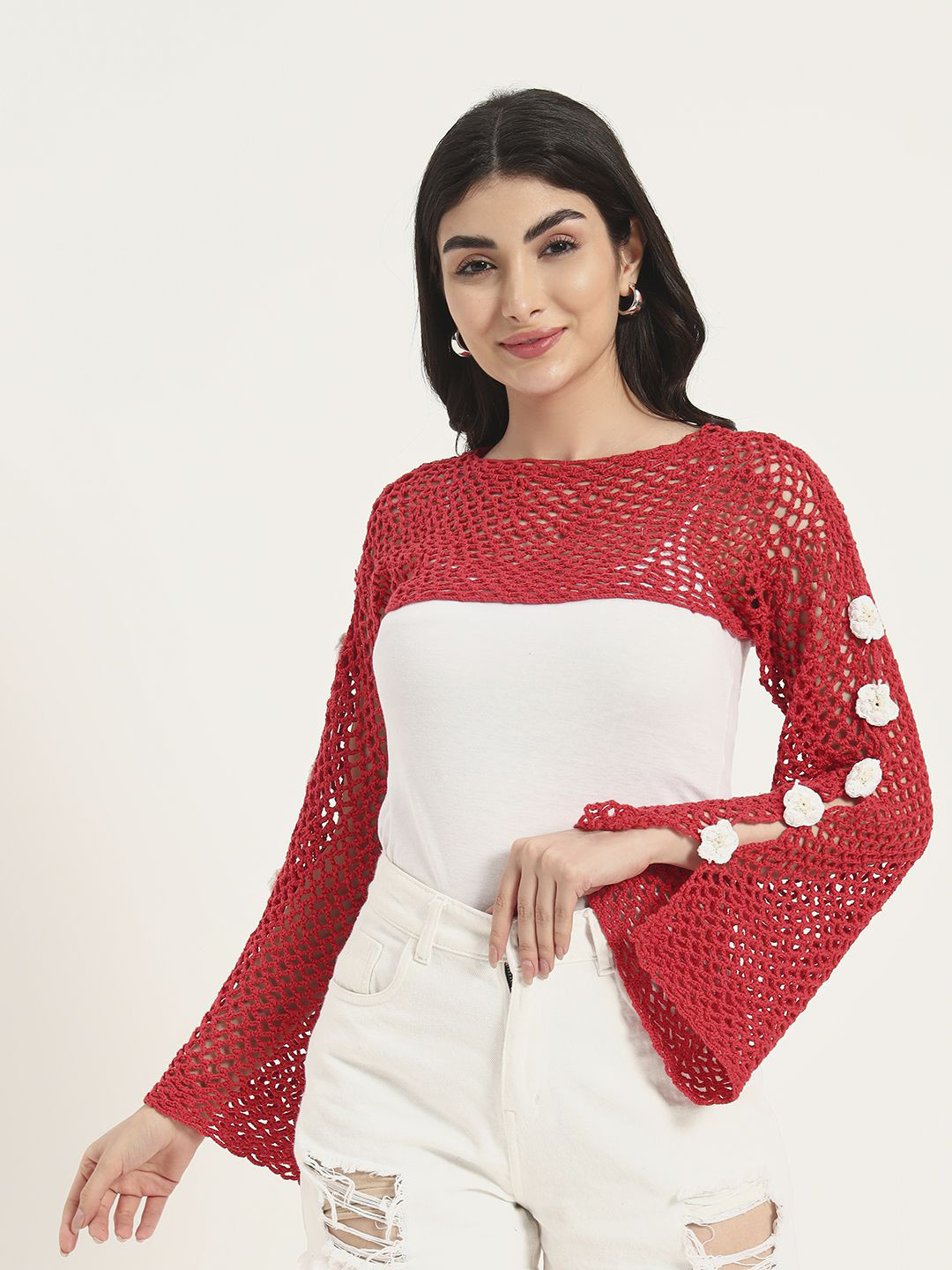 Sugercandy Women Bell Sleeve Cotton Cherry Knit H-Mesh Handmade Top