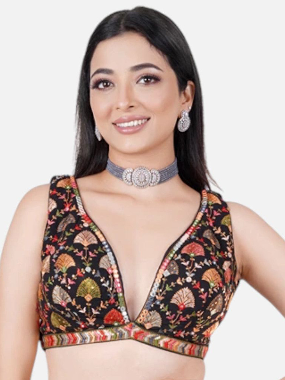 neckbook Embroidered Georgette Deep Neck Sleeveless Saree Blouse