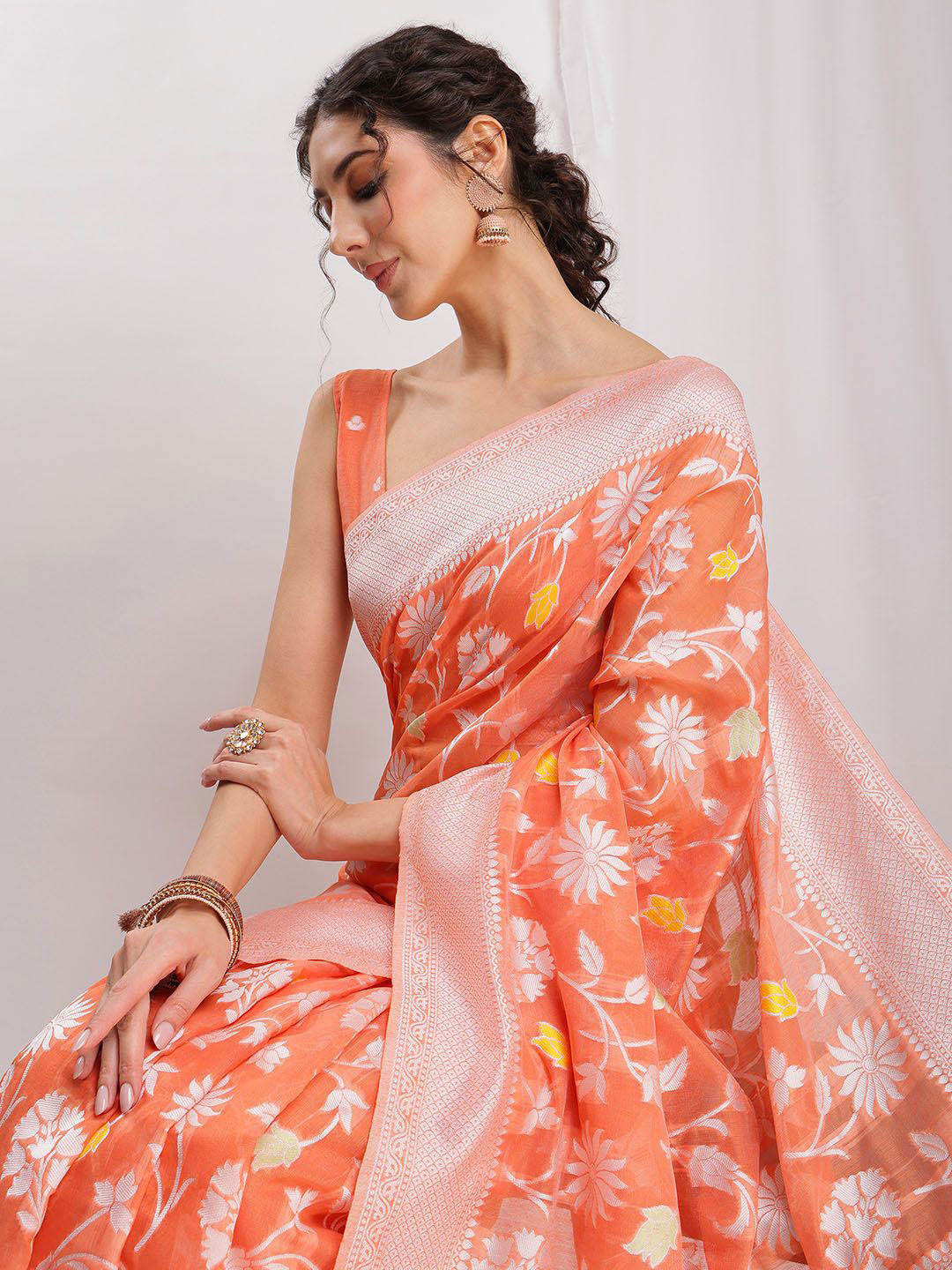 Janasya Women's Peach Silk Blend Floral Woven Design Jacquard Saree with Blouse Piece