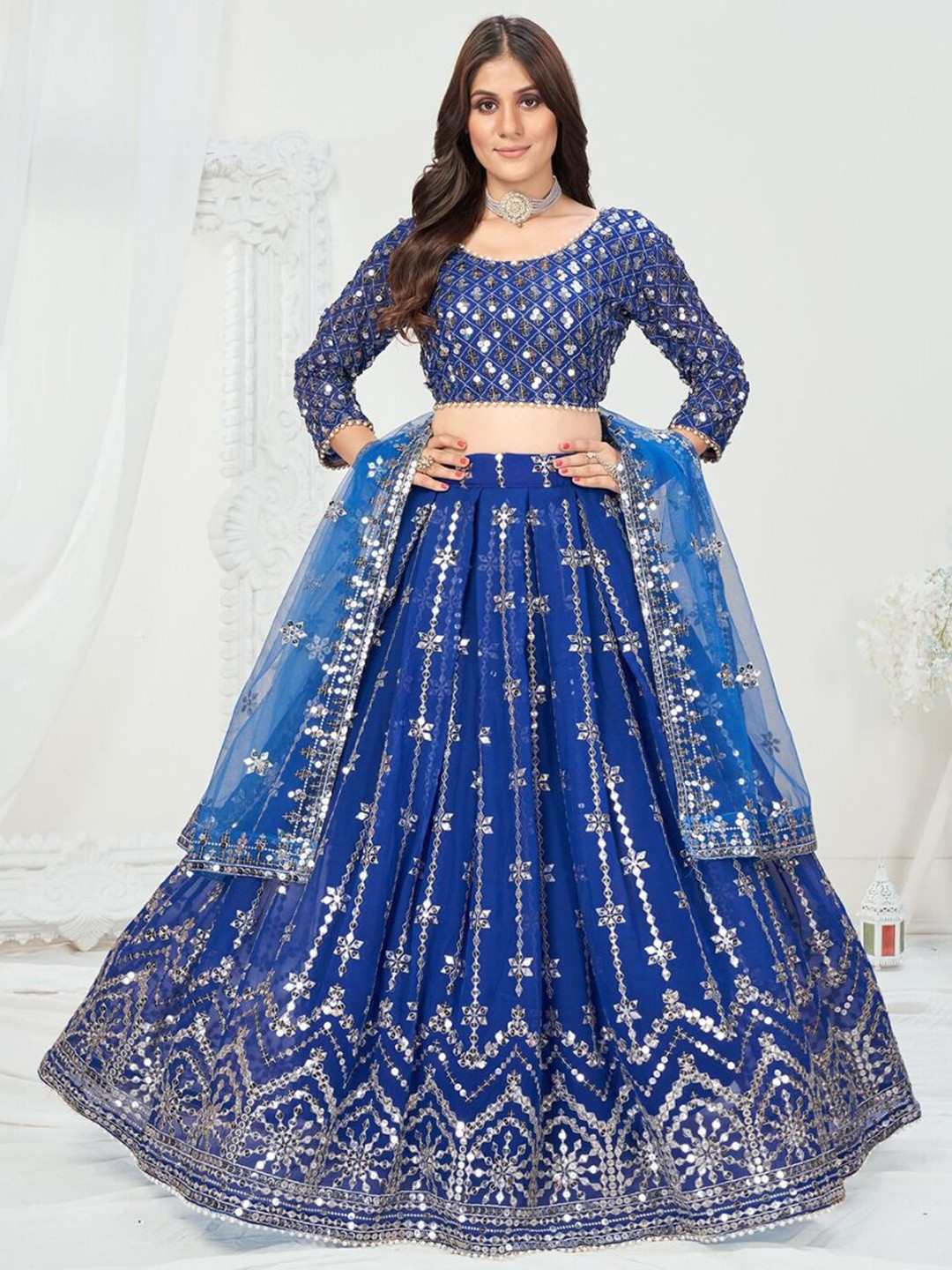 SHOPGARB Embroidered Sequinned Georgette Lehenga Choli & Dupatta