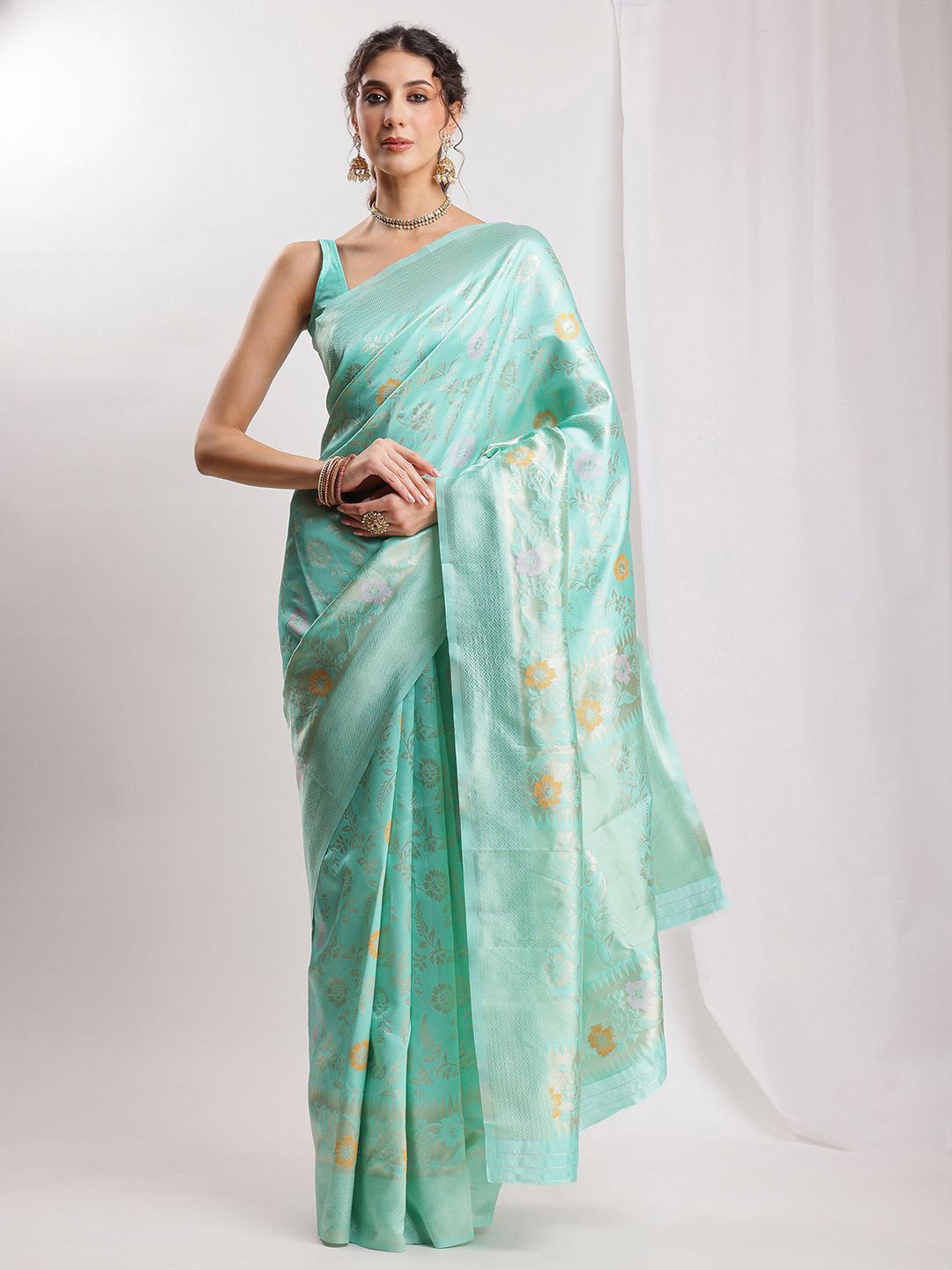 Janasya Women's Turquoise Blue Floral Woven Design Banarasi Saree with Blouse Piece