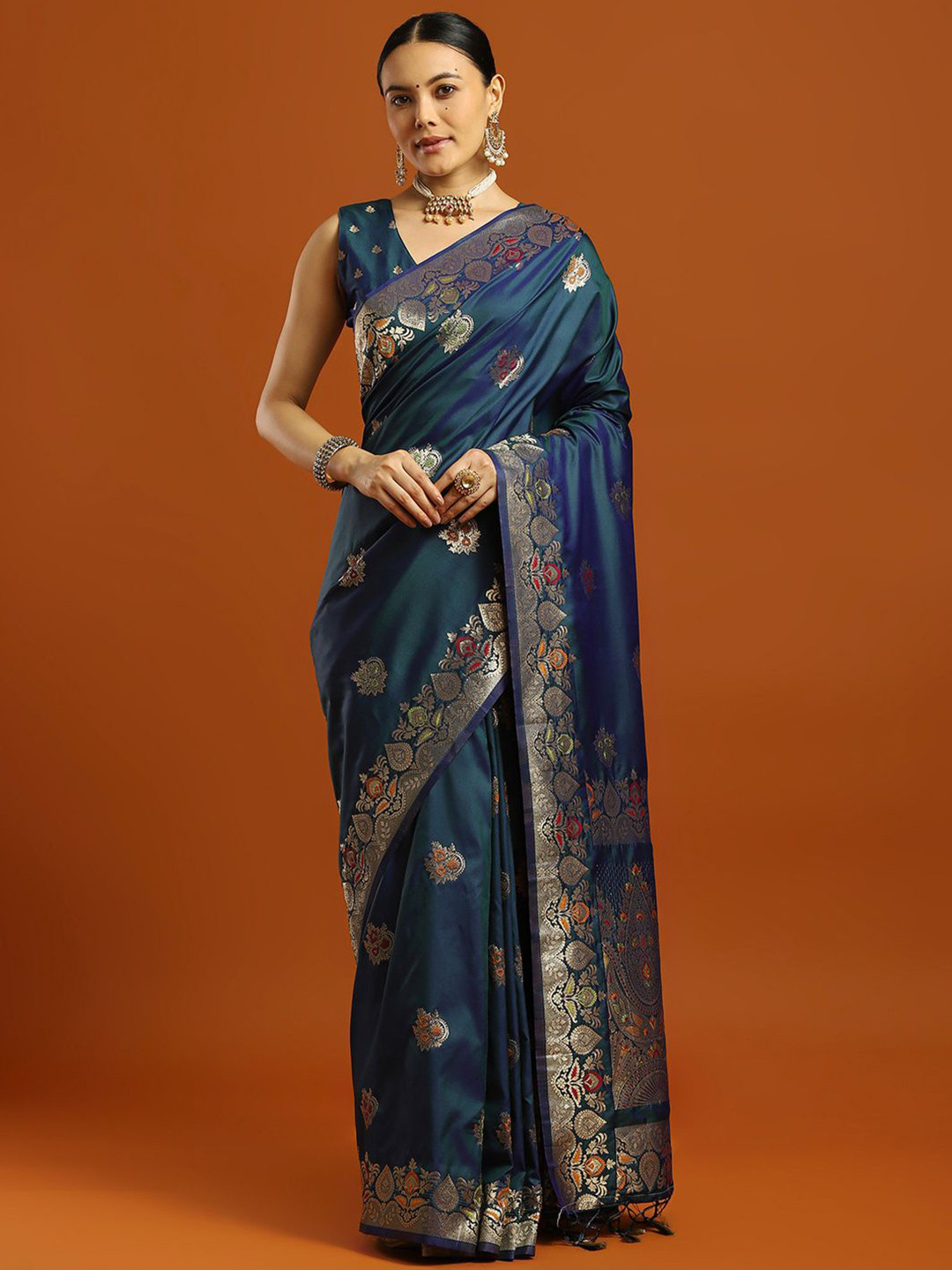 Mitera Woven Design Embellished Zari Pure Silk Banarasi Saree with matching Blouse