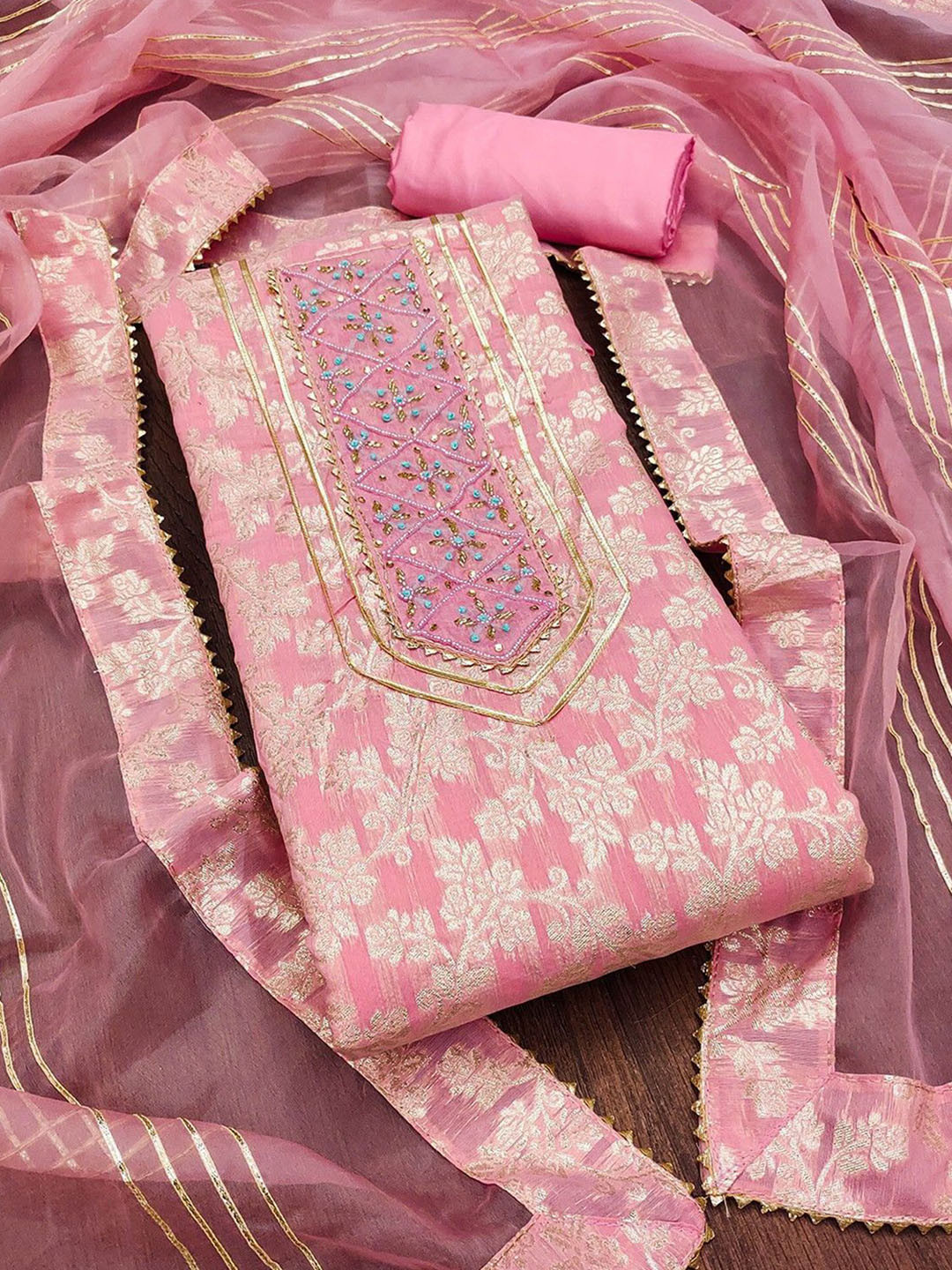 Leeza Store Floral Woven Design Beads And Stones Unstitched Dress Material