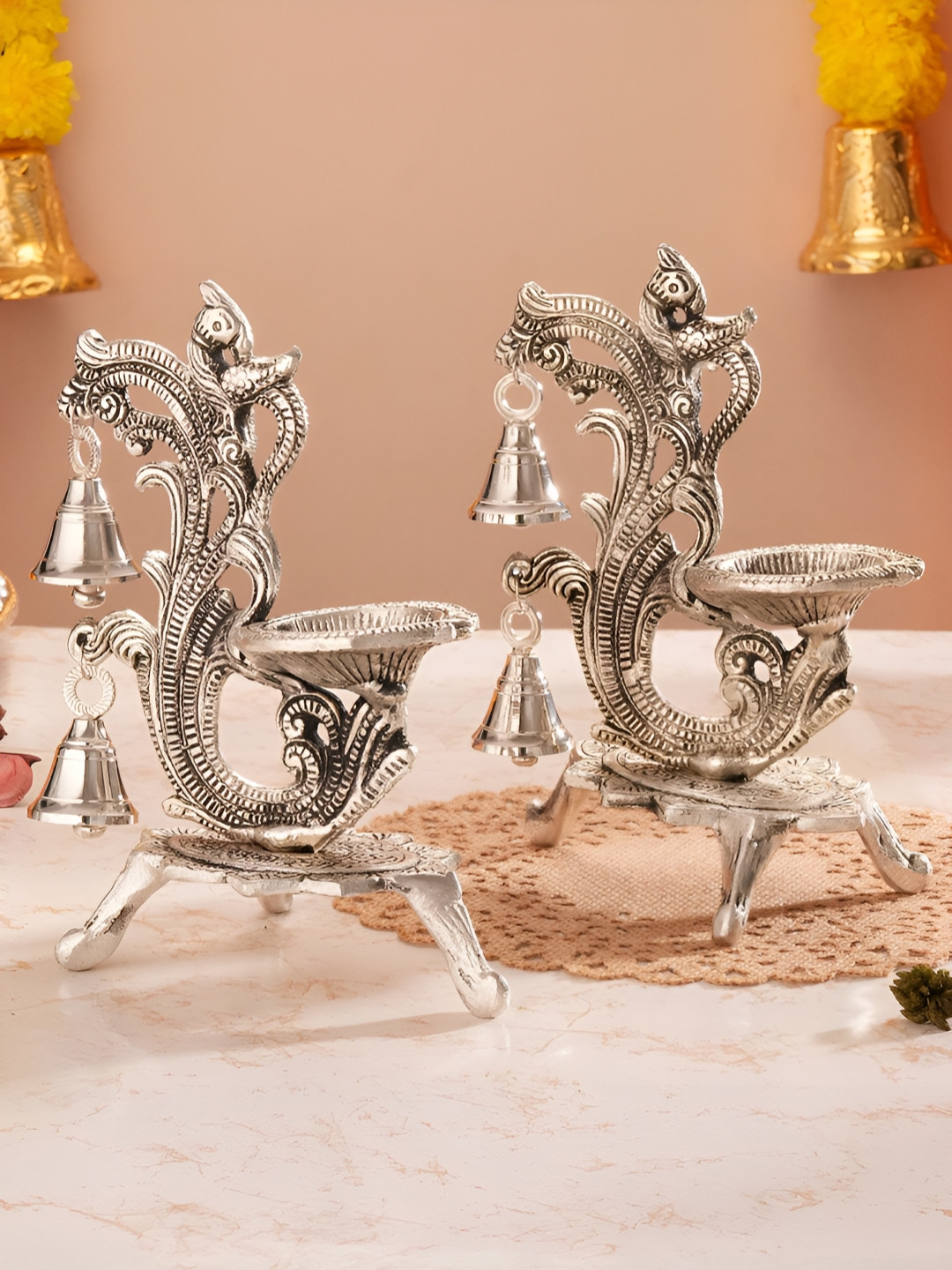 Homspurts 2Pieces Saanjh Glow German Silver Bell Diyas