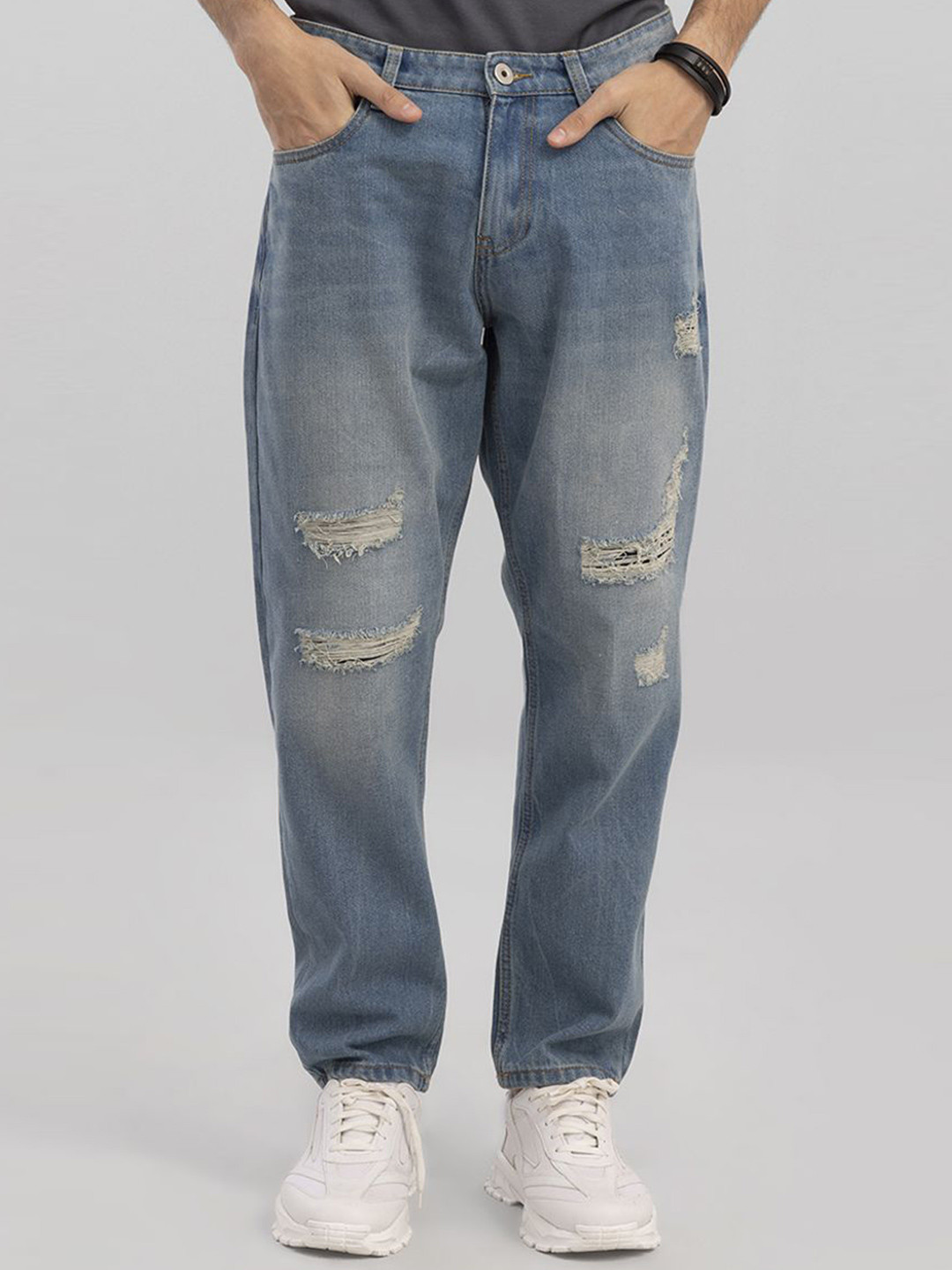 Snitch Boozy Men Ocean Blue Cotton Mid-Rise Light Fade Baggy Fit Jeans