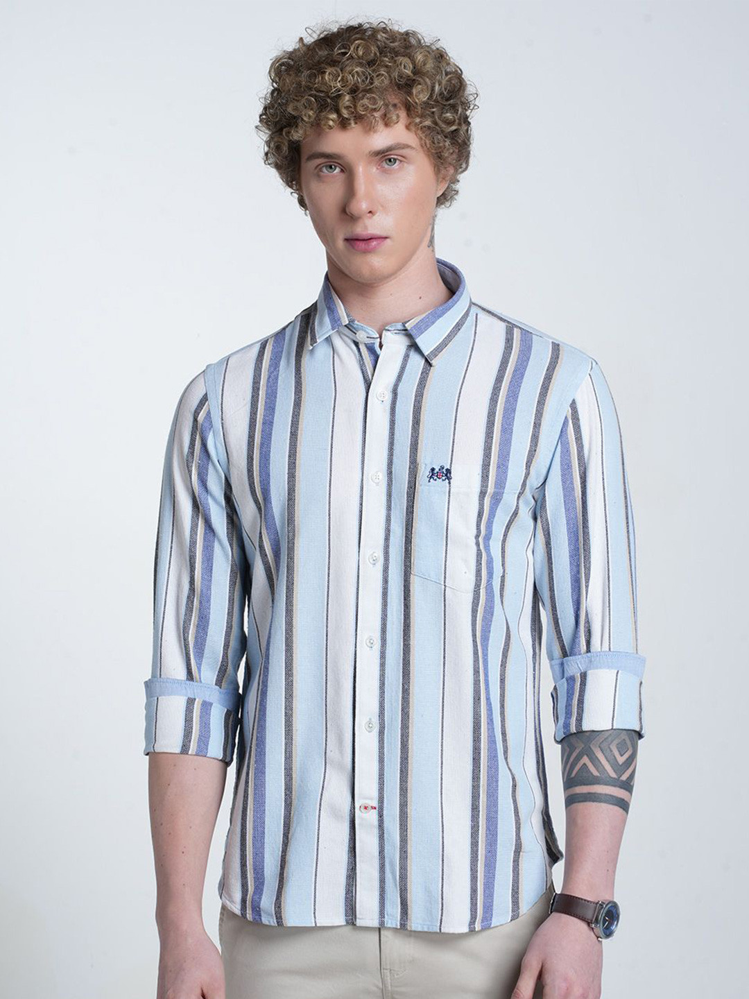 Double Two Men Classic Slim Fit Vertical Striped Spread Collar Cotton Casual Shirt