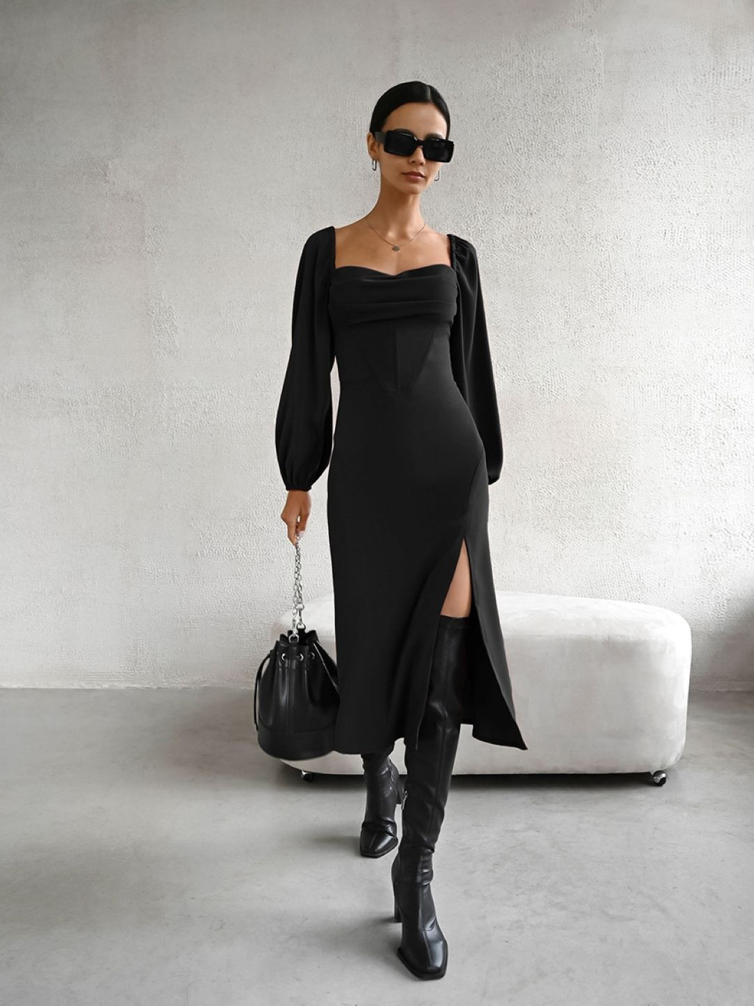 KPOP Women Slits Long Sleeve Sheath Midi Dress