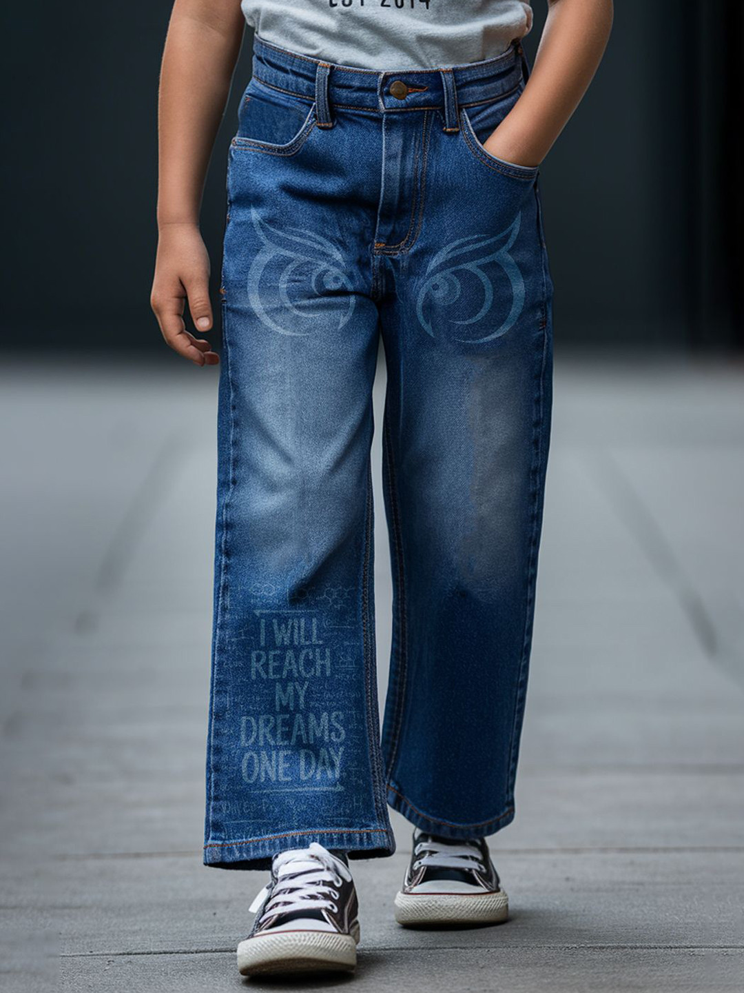 Naughty Ninos Boys Flared Mid-Rise Light Fade Jeans with Dream Quote & Artistic Wash Print