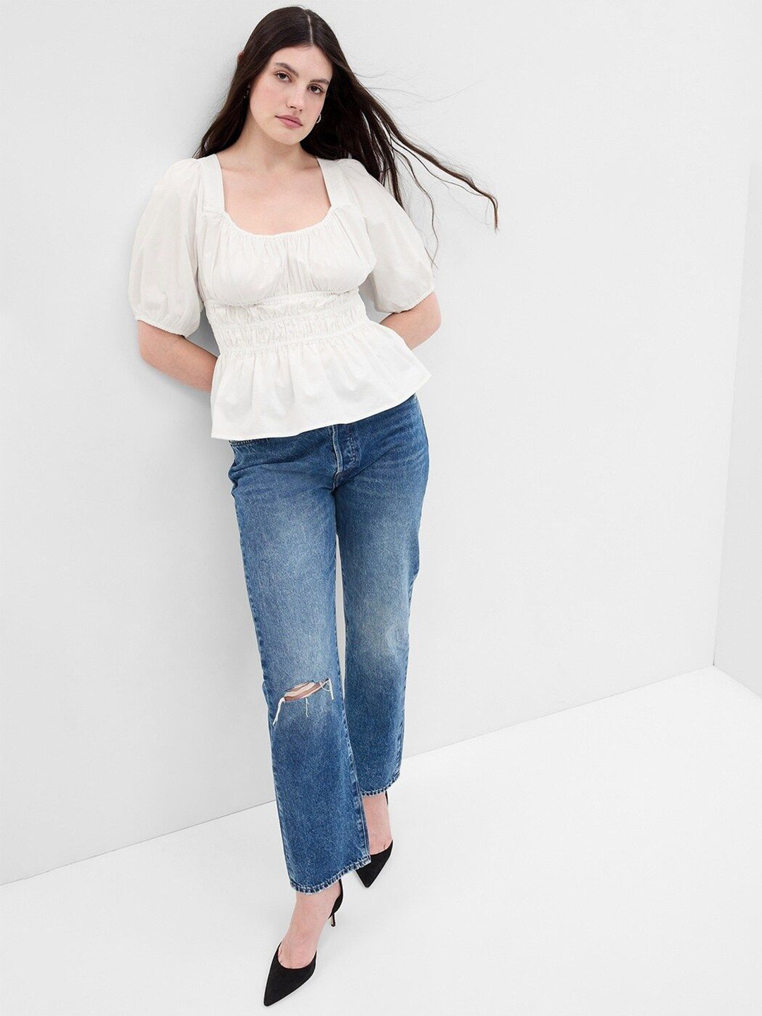 GAP Women Square Neck Puff Sleeves Pure Cotton Smocked Bodice Peplum Top