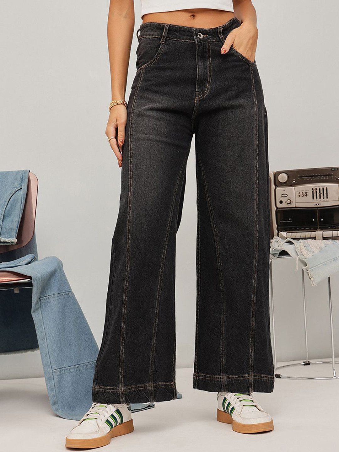 STREET 9 Women Original Low-Rise Light Fade Panelling Denim Wide Leg Jeans