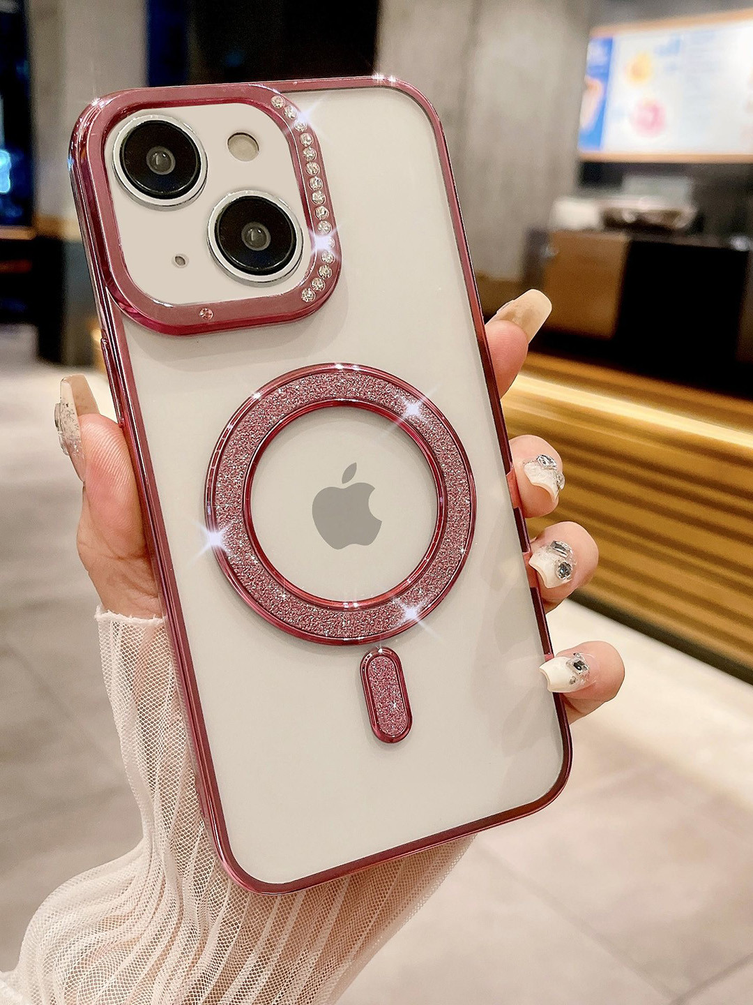 Luxury Kase Transparent Back Cover for iPhone 15 with Shimmer MagSafe Ring