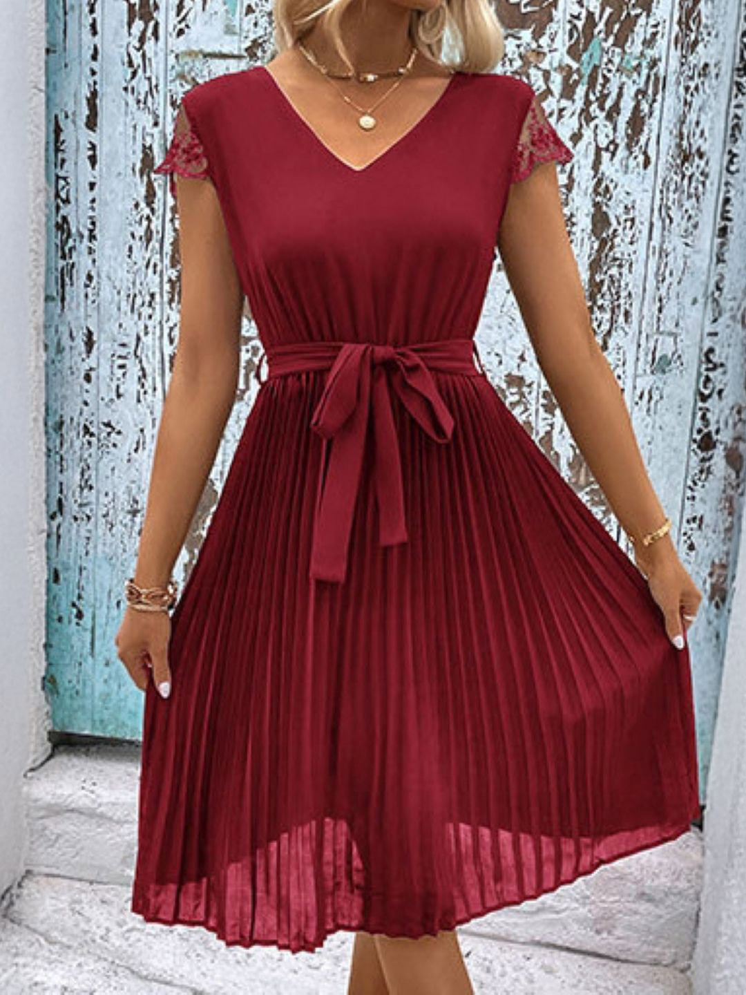 KPOP V-Neck Short Cap Sleeves Sleeves Fit & Flare Dress