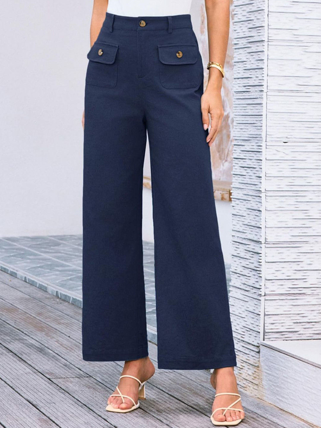 Navy Blue Mid-Rise Straight Fit Regular Trousers