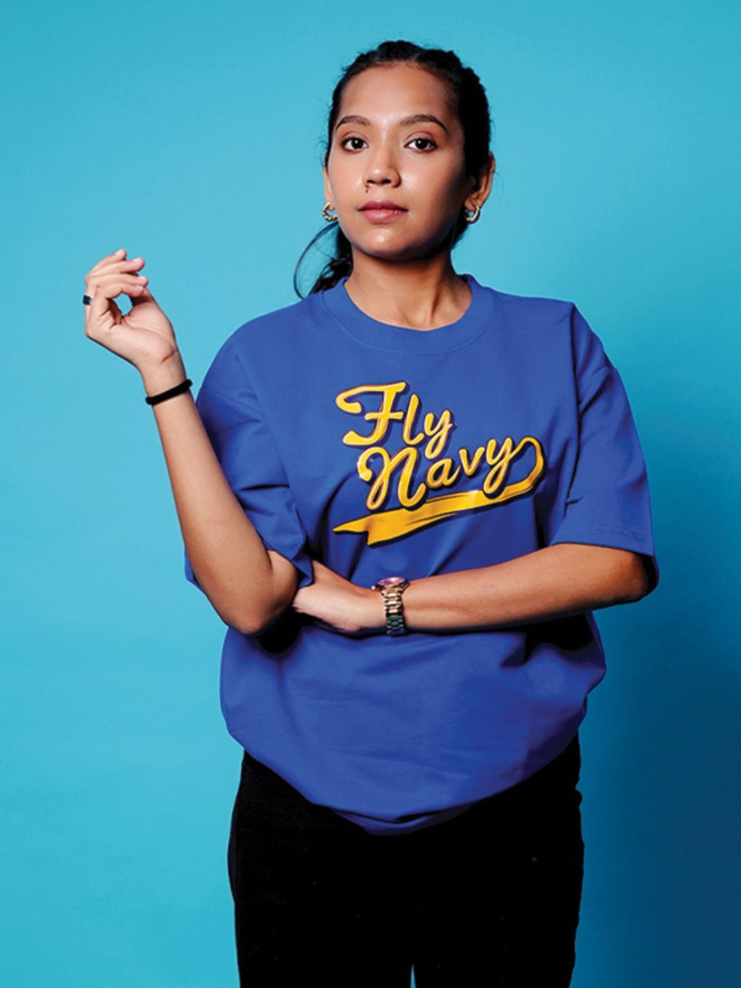 Ascend 47 Indian Naval Aviation: Fly Navy Blue Oversized Tee