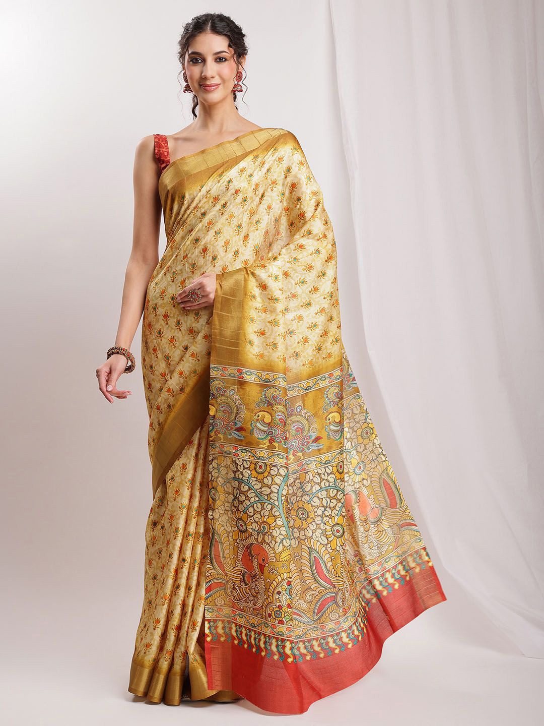 Janasya Olive Green Kalamkari Printed Saree with Blouse Piece