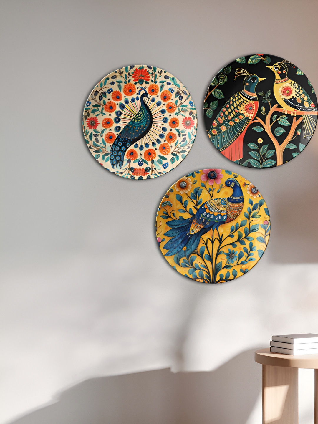 THE QUIRKY HOME Peacock Paradise Trio Ceramic Bohemian Glossy Hall 3Pcs Wall Plates-10In