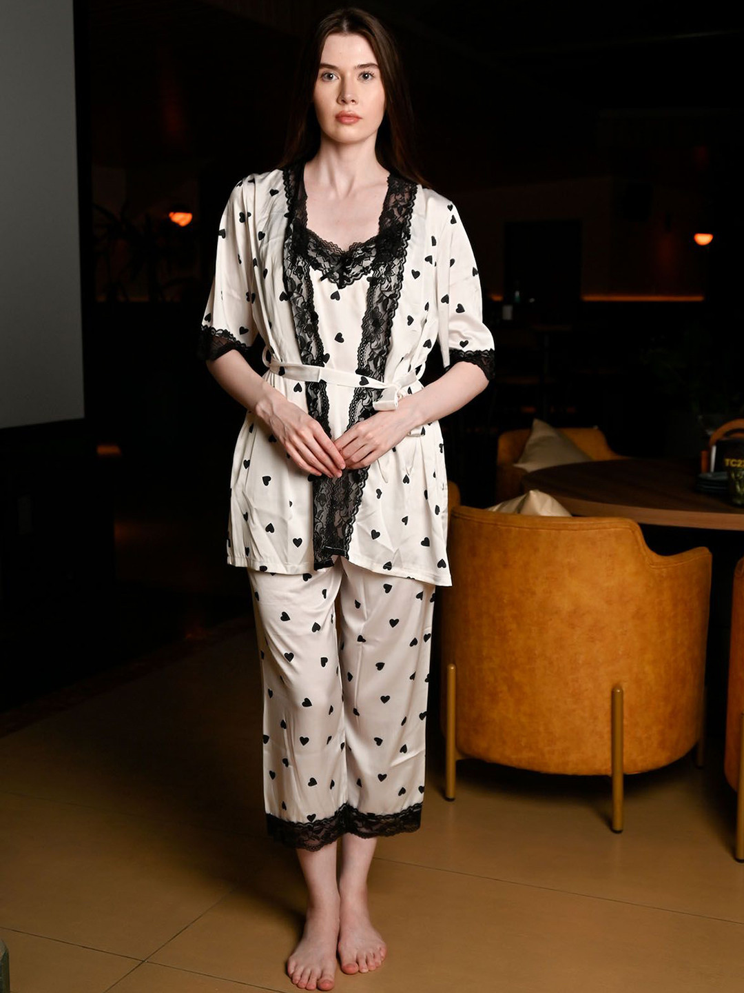 ODETTE Ivory Satin Printed Night Wear Set For Women