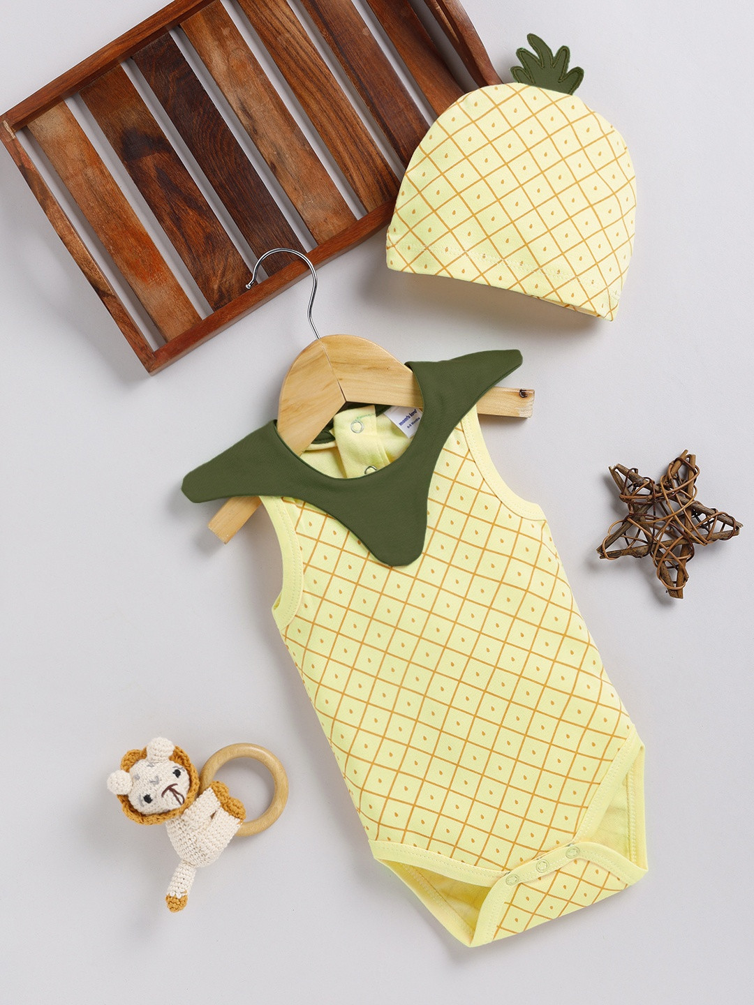 Moms Love Infant Boys Pure Cotton Pineapple Bodysuit With Cap