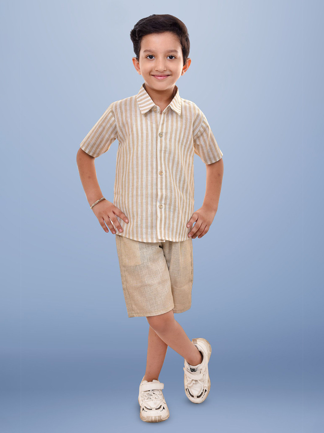 Little Needle Boys Striped Short Sleeves Linen Shirt With Shorts