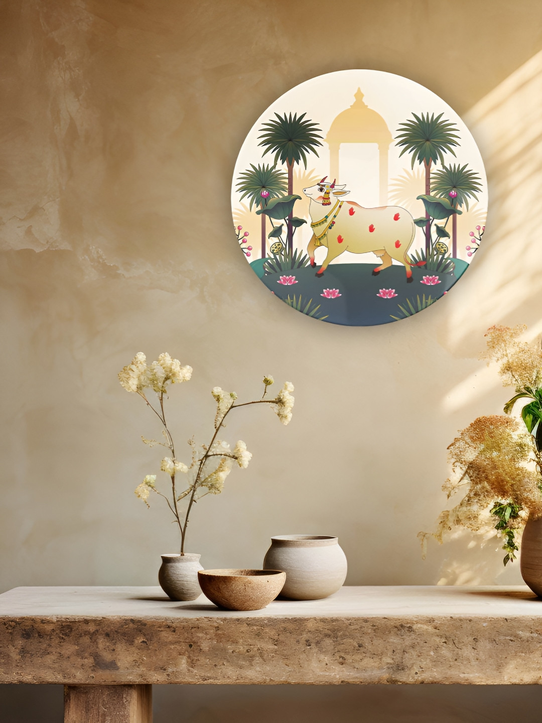 THE QUIRKY HOME Pichwai Cow Palm Tree Ceramic Floral Glossy Hanging Hall Wall Plates-8In