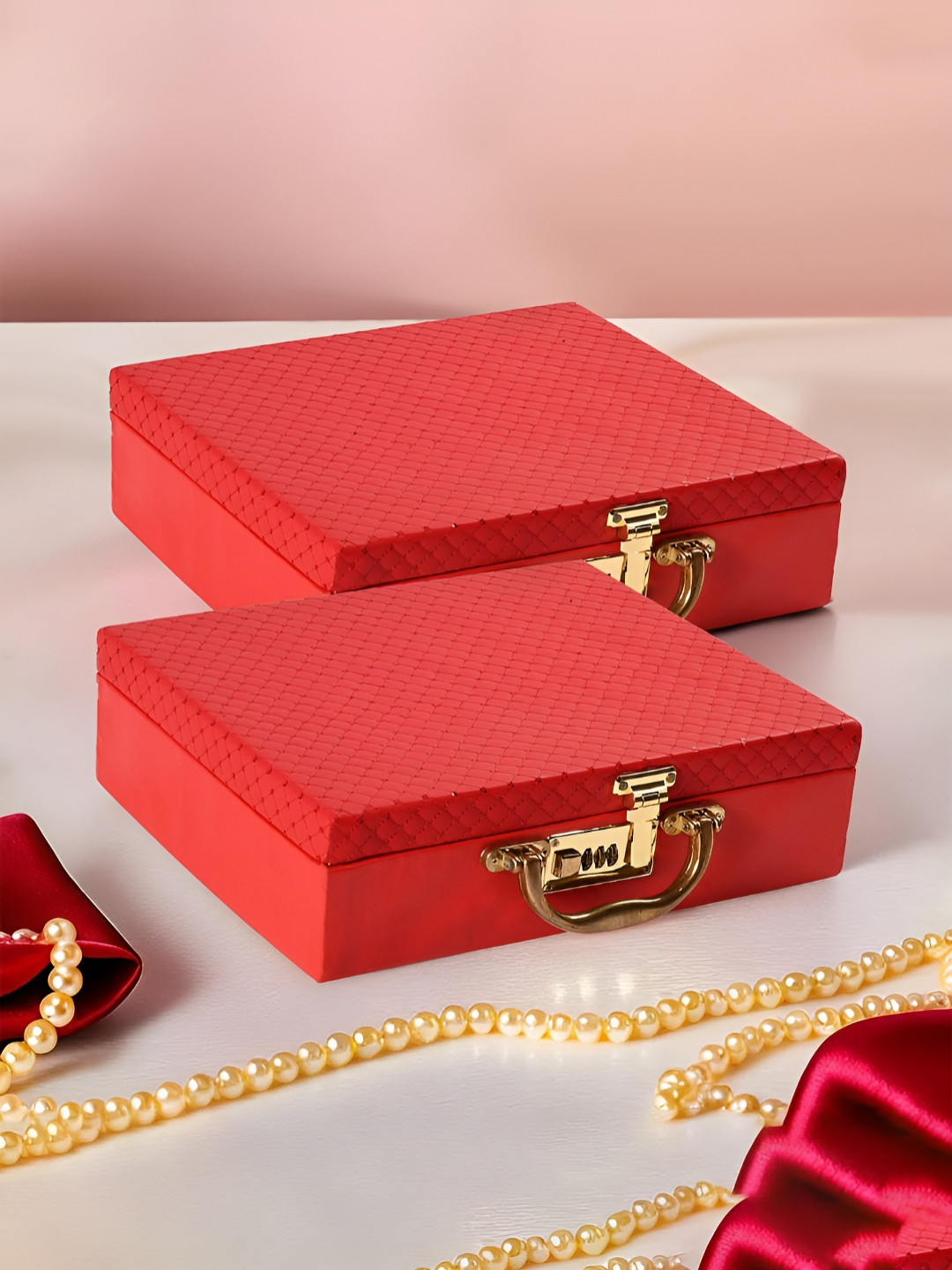 Aura Red & Gold-Toned 2 Pieces Check Design Leather Jewellery Organisers