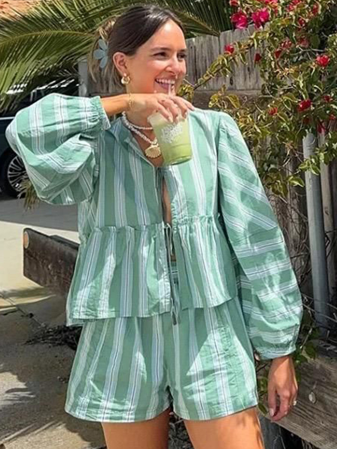 Miss Mosa By Akanksha  Green Lumina Striped Summer Coord