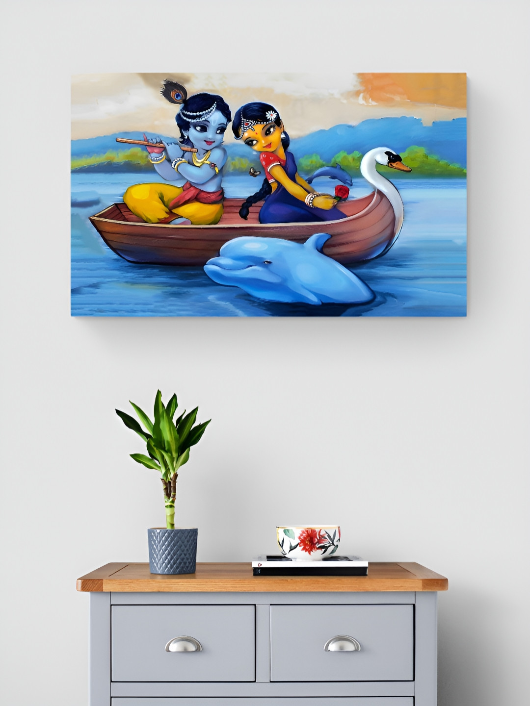 Tushaco Handicrafts Blue & Yellow 1 Piece Radha Krishna Religious Canvas Wall Art