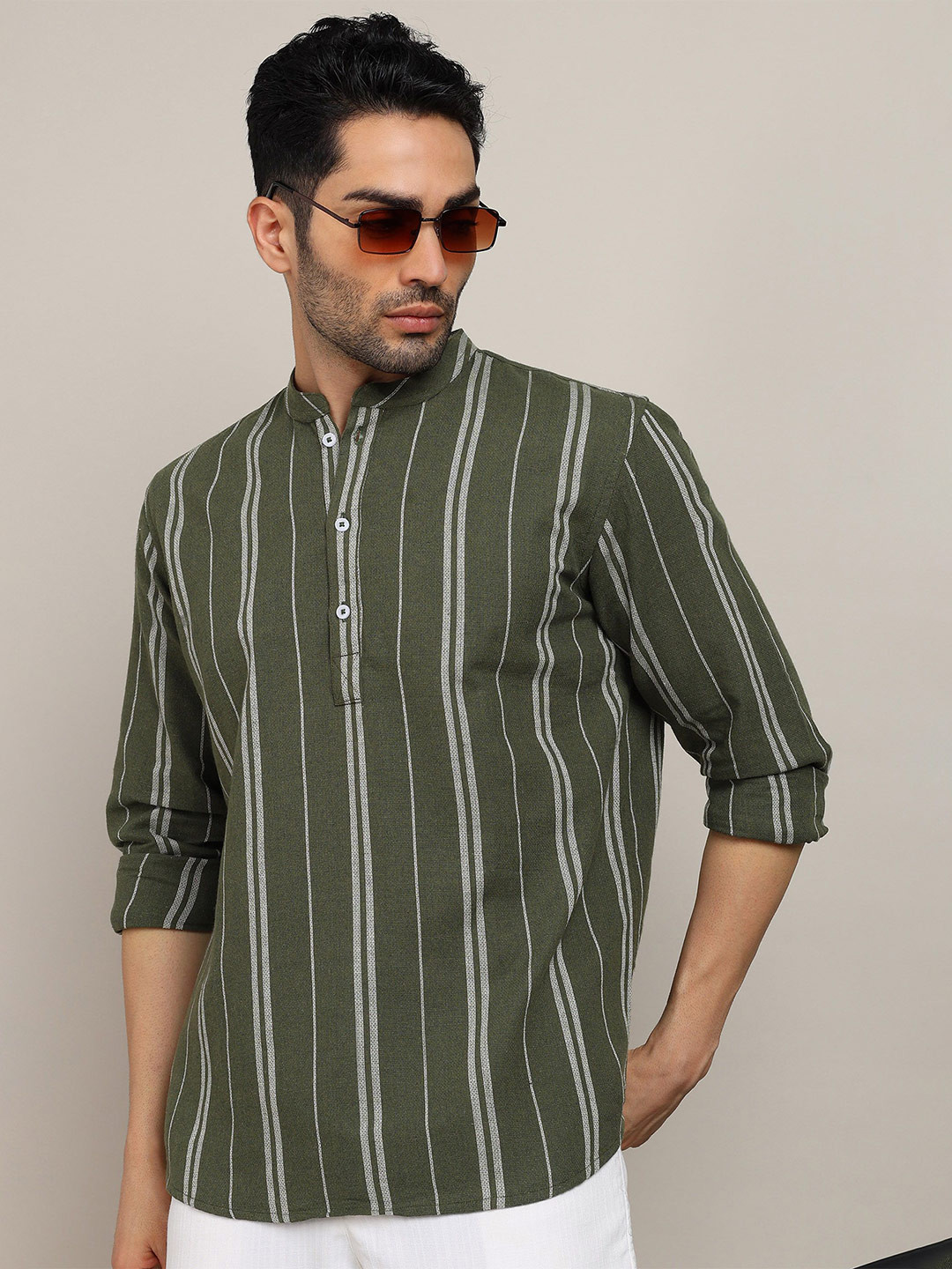 HERE&NOW Striped Mandarin Collar Pure Cotton Straight Kurta
