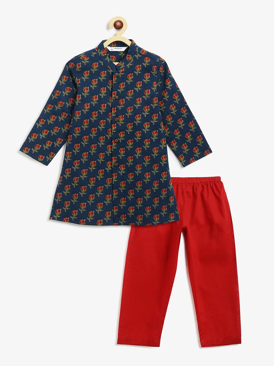 Campana Boys Floral Printed Mandarin Collar Pure Cotton Straight Kurta With Pyjamas