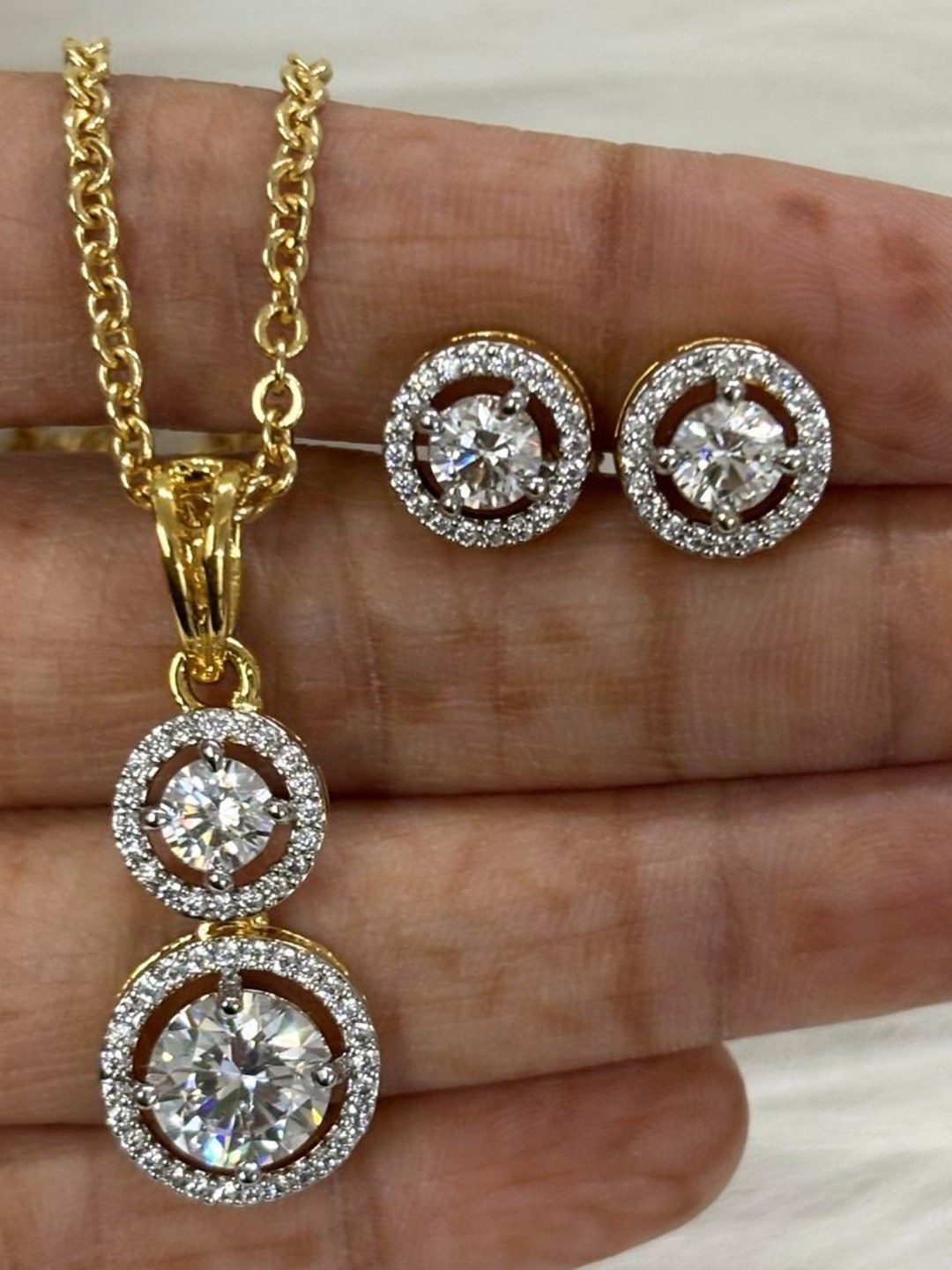 BDIVA Gold-Plated Cubic Zirconia Stones Studded Eternal Glow Circular Necklace & Earrings