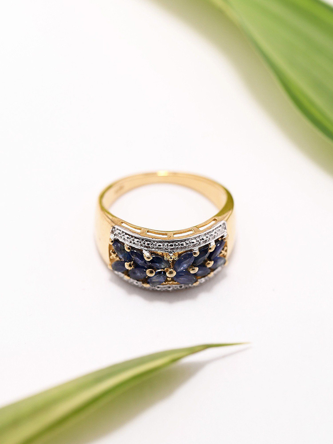 Exotic India Sterling Silver Gold-Plated Sapphire-Studded Finger Ring