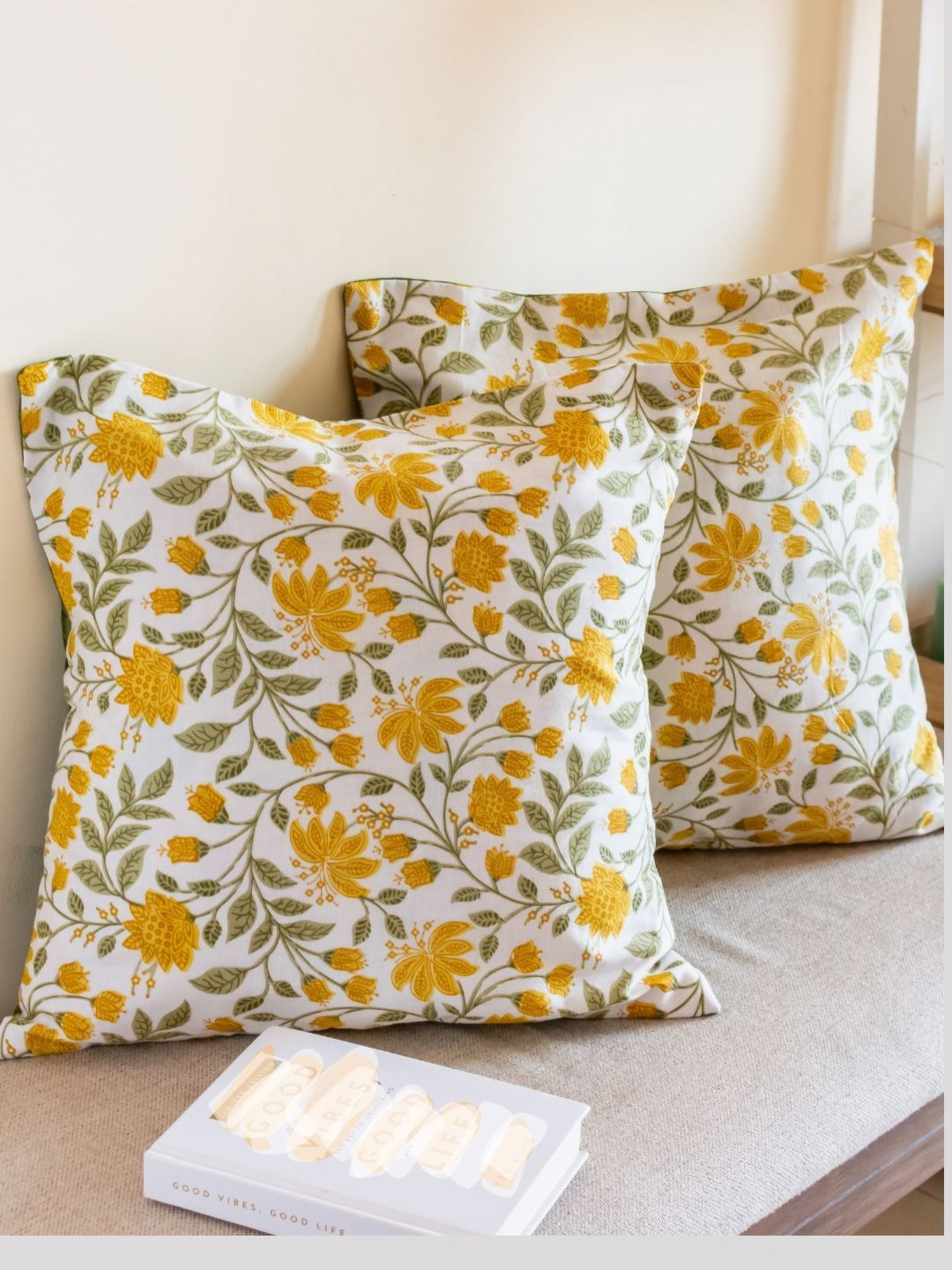 PILOVILO White & Yellow 2 Pieces Floral Printed Cotton Silk Square Cushion Covers