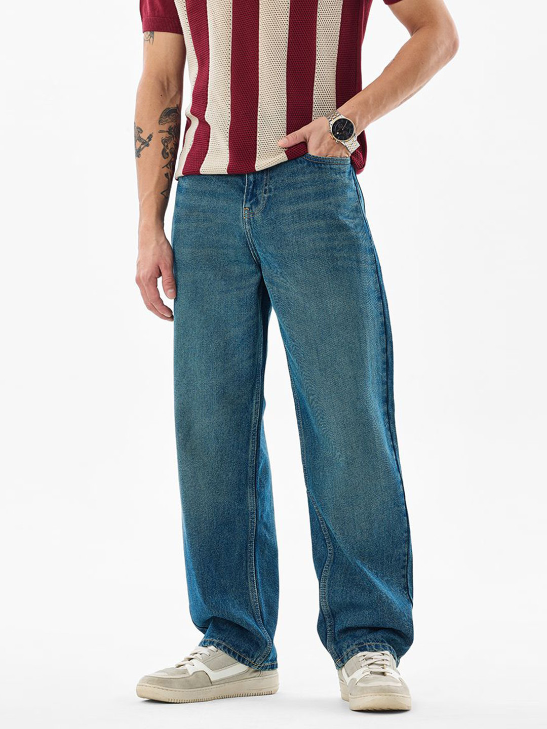 Snitch Men Blue Cotton Mid-Rise Loose Fit Jeans