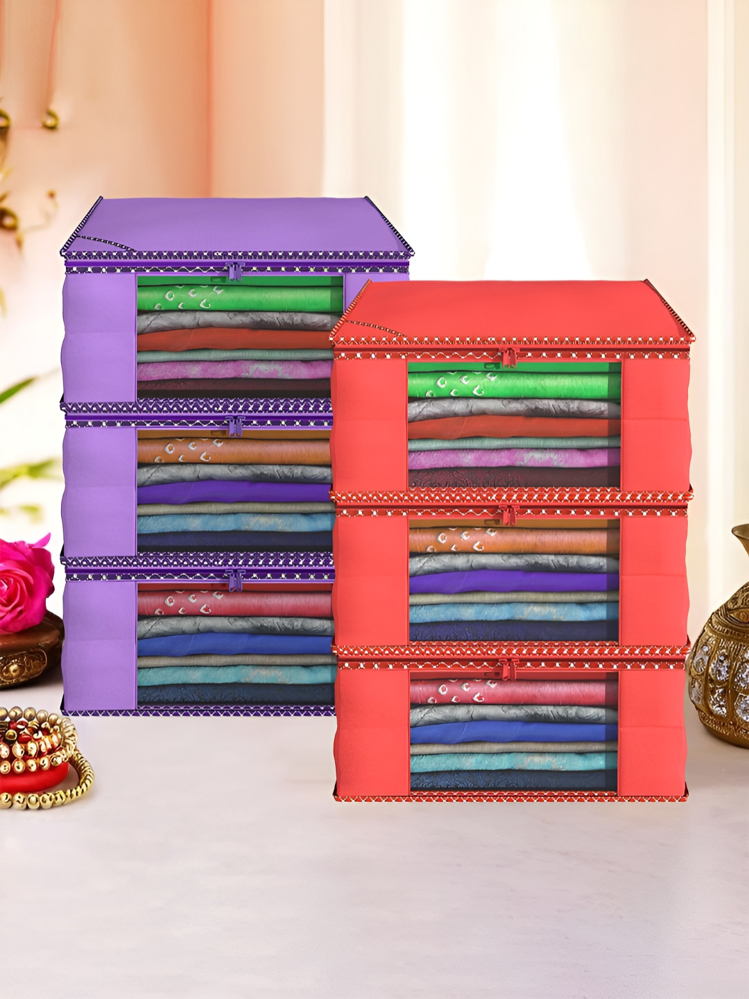 Aura Purple & Red 6 Pieces Hathkadi Piping Saree Cover Organisers