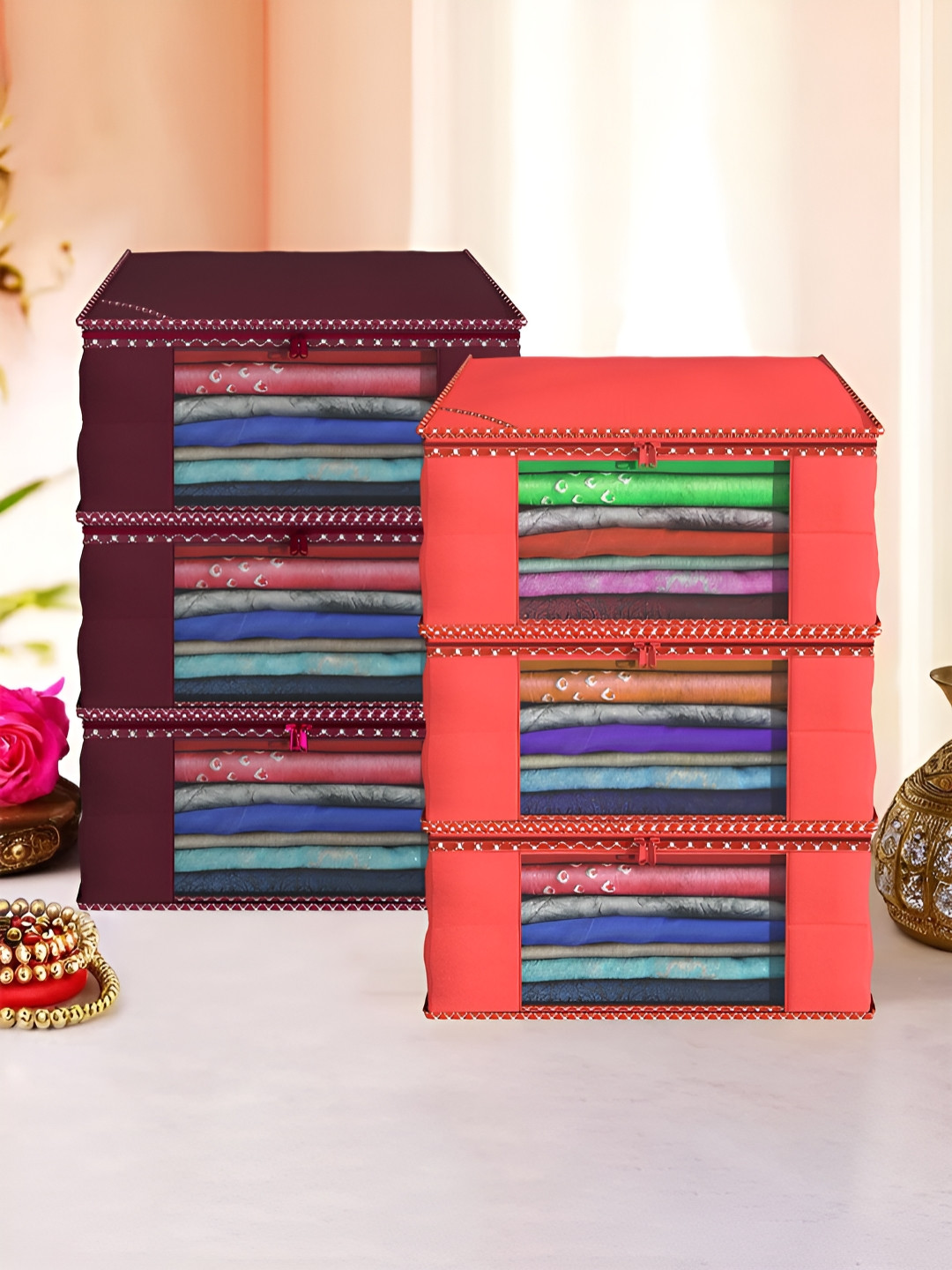 Aura Maroon & Red 6 Pieces Hathkadi Piping Foldable Non-Woven Multi-Utility Organisers
