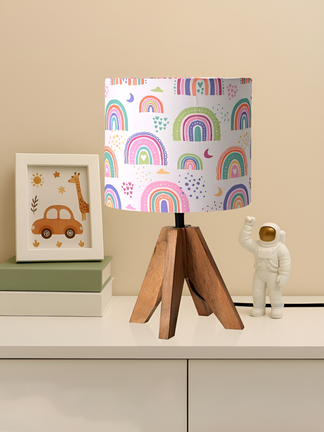 Kuber Industries White & Blue Rainbow Printed Wooden Cylindrical Shaped Table Lamp