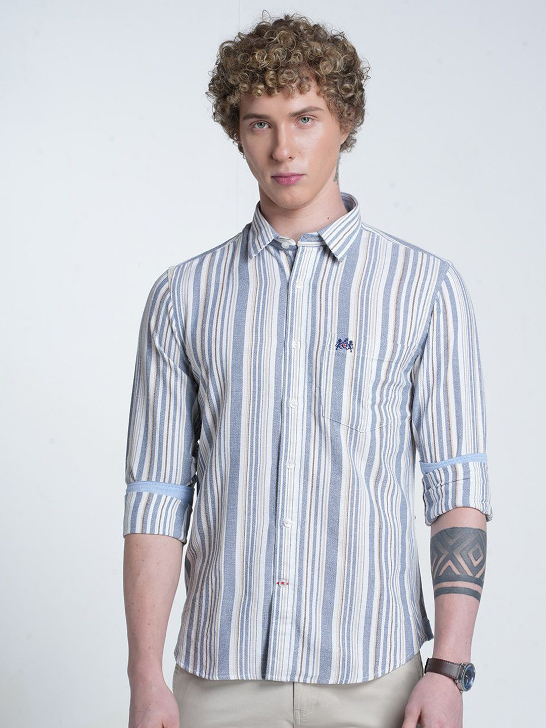 Double Two Striped Spread Collar Cotton Casual Shirt