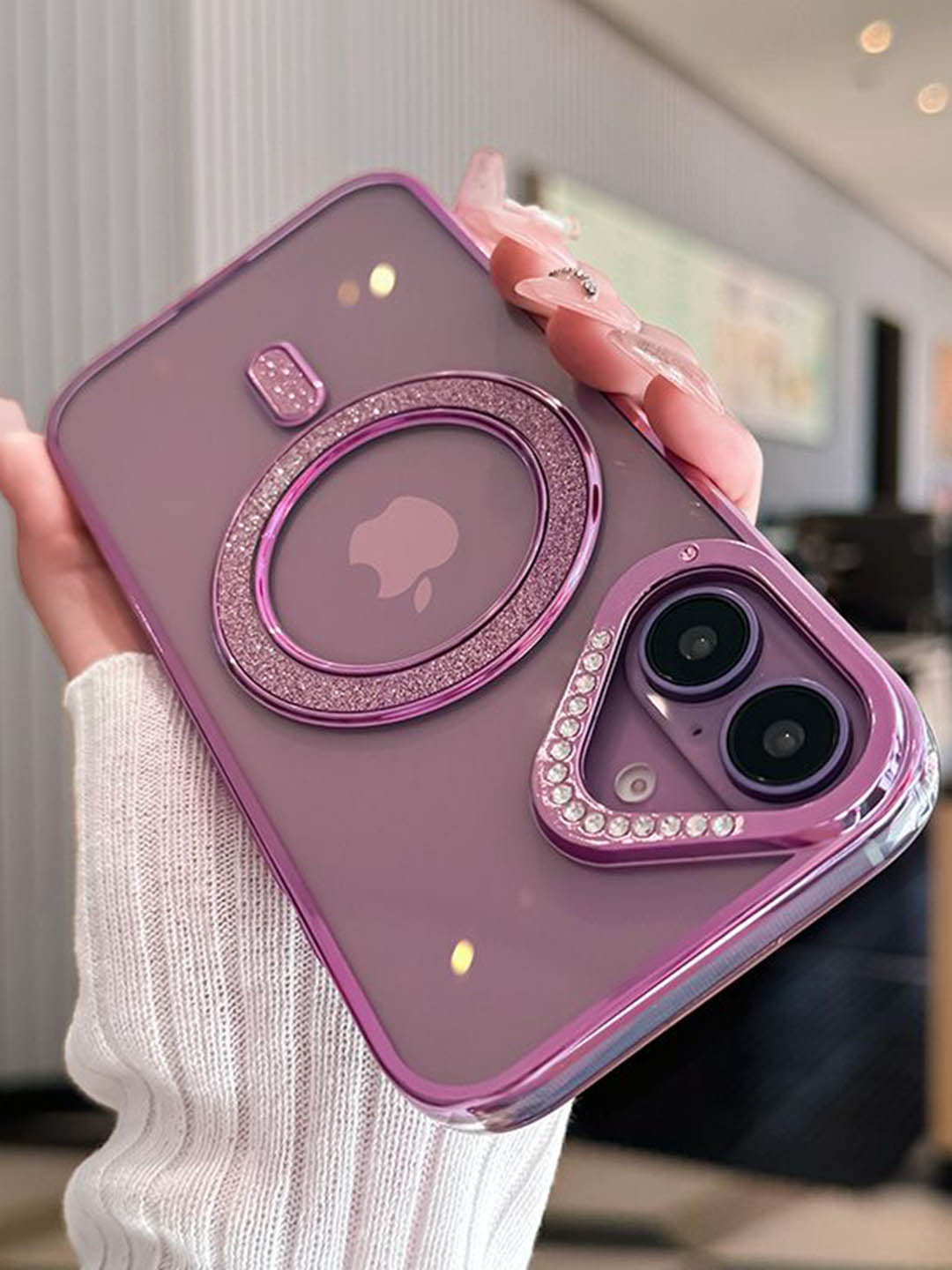 Luxury Kase Silicone Transparent Back Case for iPhone 16 with Shimmer MagSafe Ring