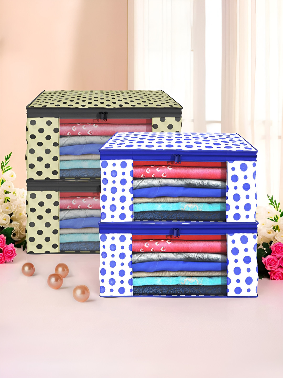 Aura Cream-Coloured 4 Pieces Polka Dot Printed Foldable Non-Woven Multi-Utility Organisers
