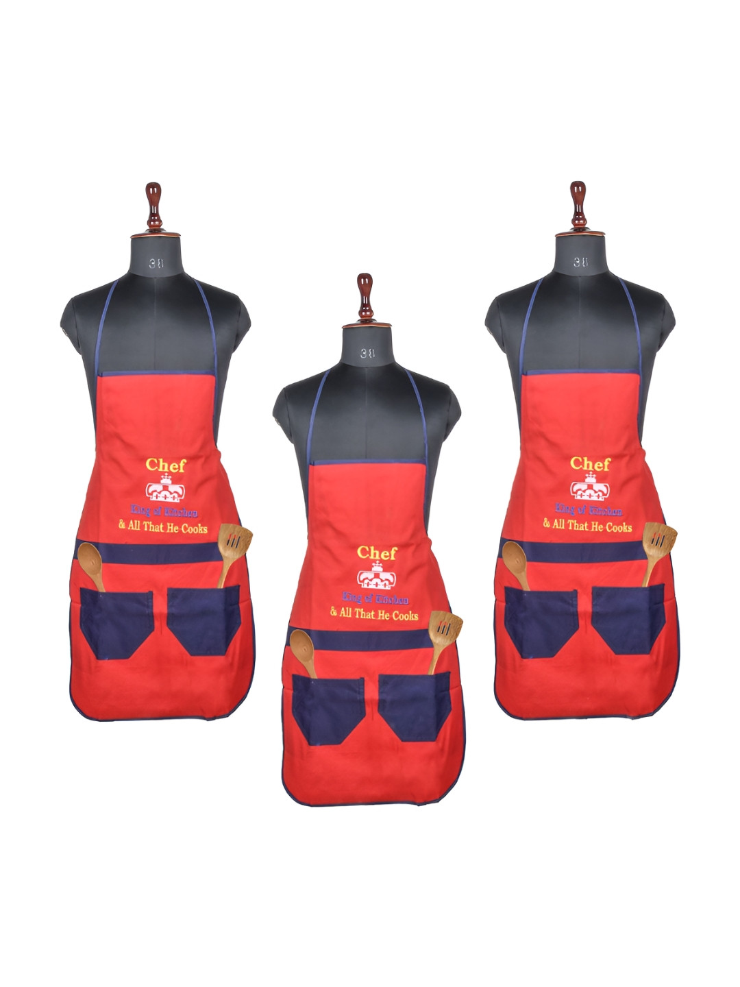 Aura Pack Of 3 Red & Blue Printed Waterproof Aprons With Front Pockets